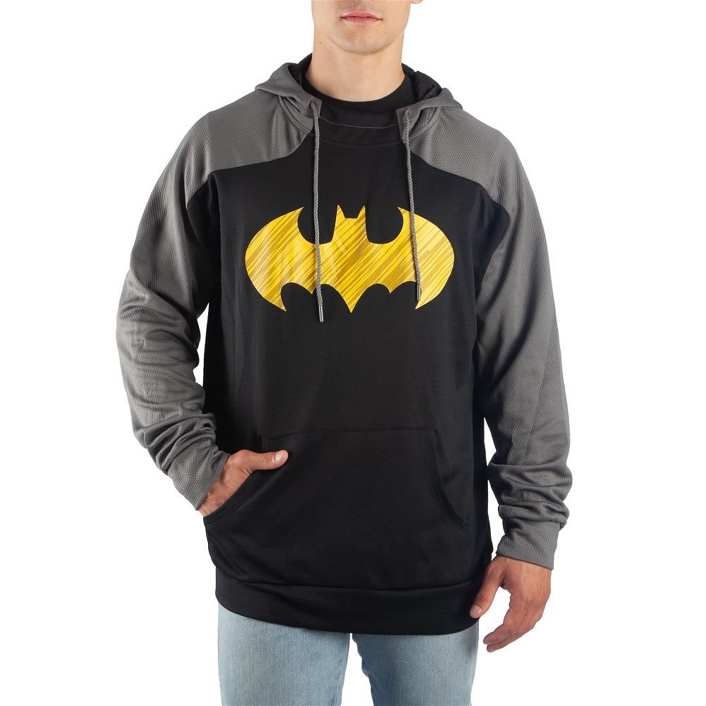 Batman Yellow Symbol Black and Grey Athletic Men's Hooded Sweatshirt