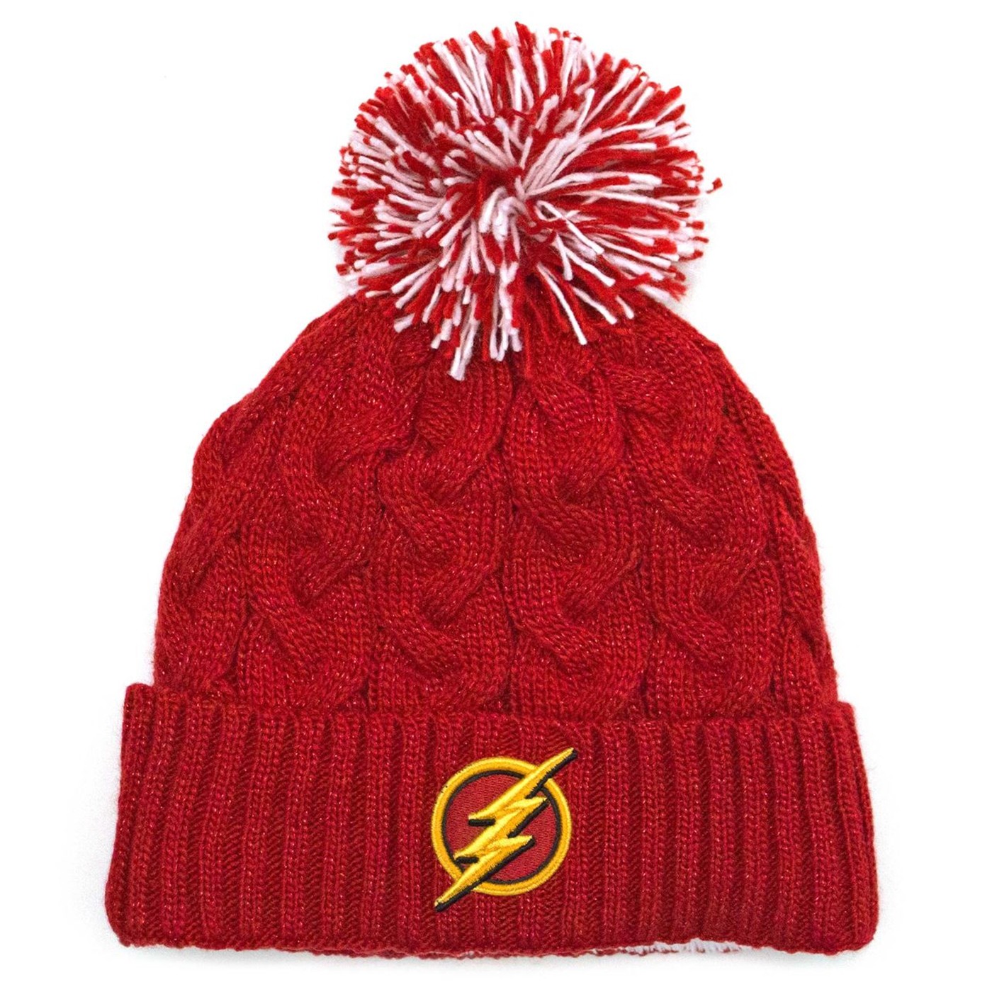 Flash Symbol Speed Force Cable Weave with Pom Unisex Knit Beanie