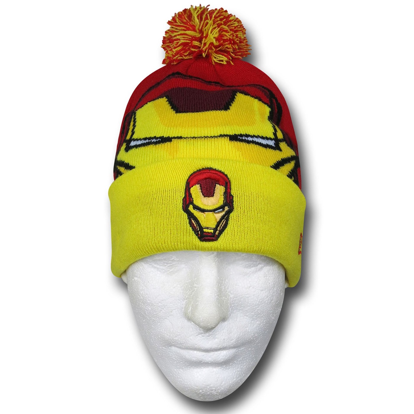 Iron Man Helmet Head Yellow Cuff Pom Pom Beanie