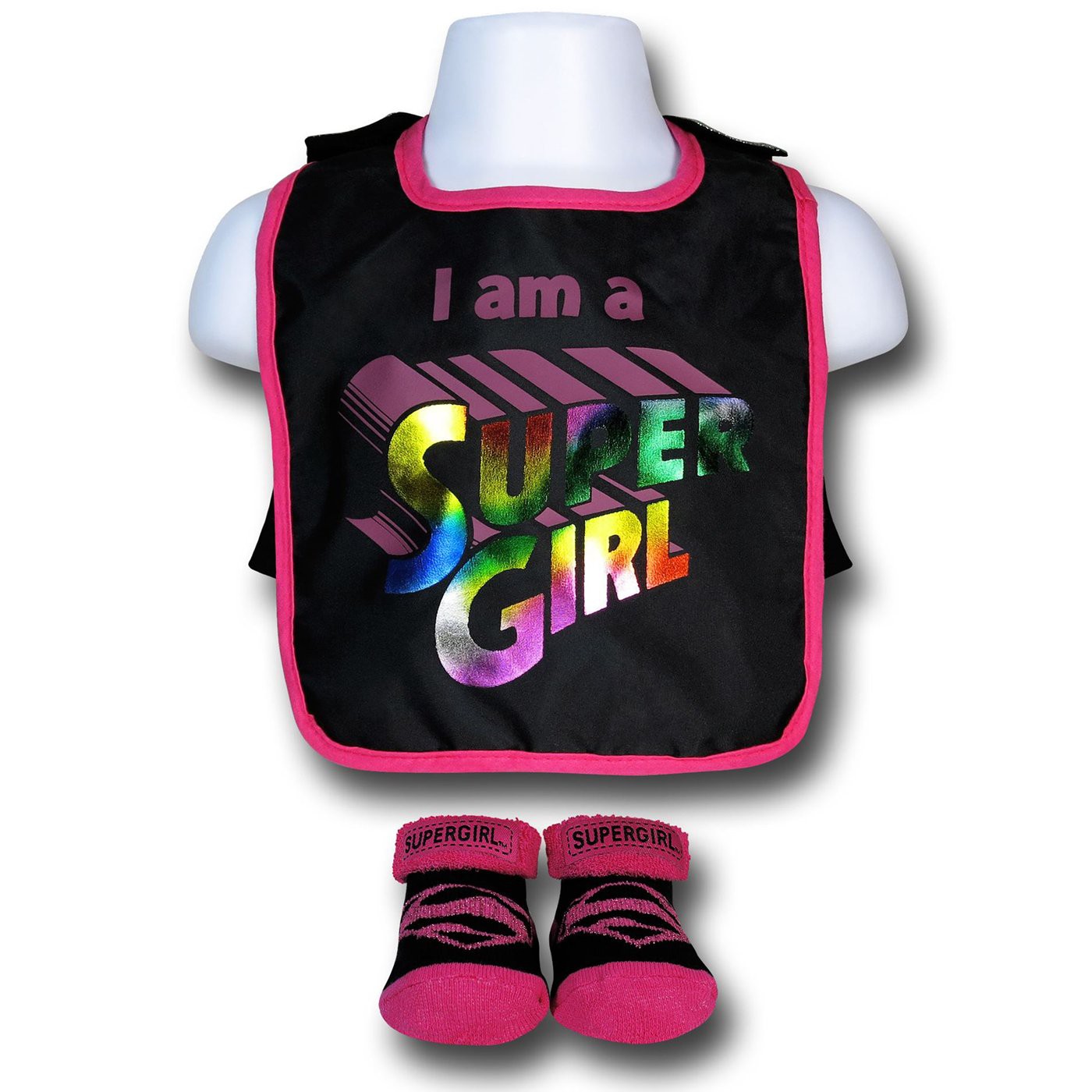 Supergirl Pink and Black Bib with Cape & Booties
