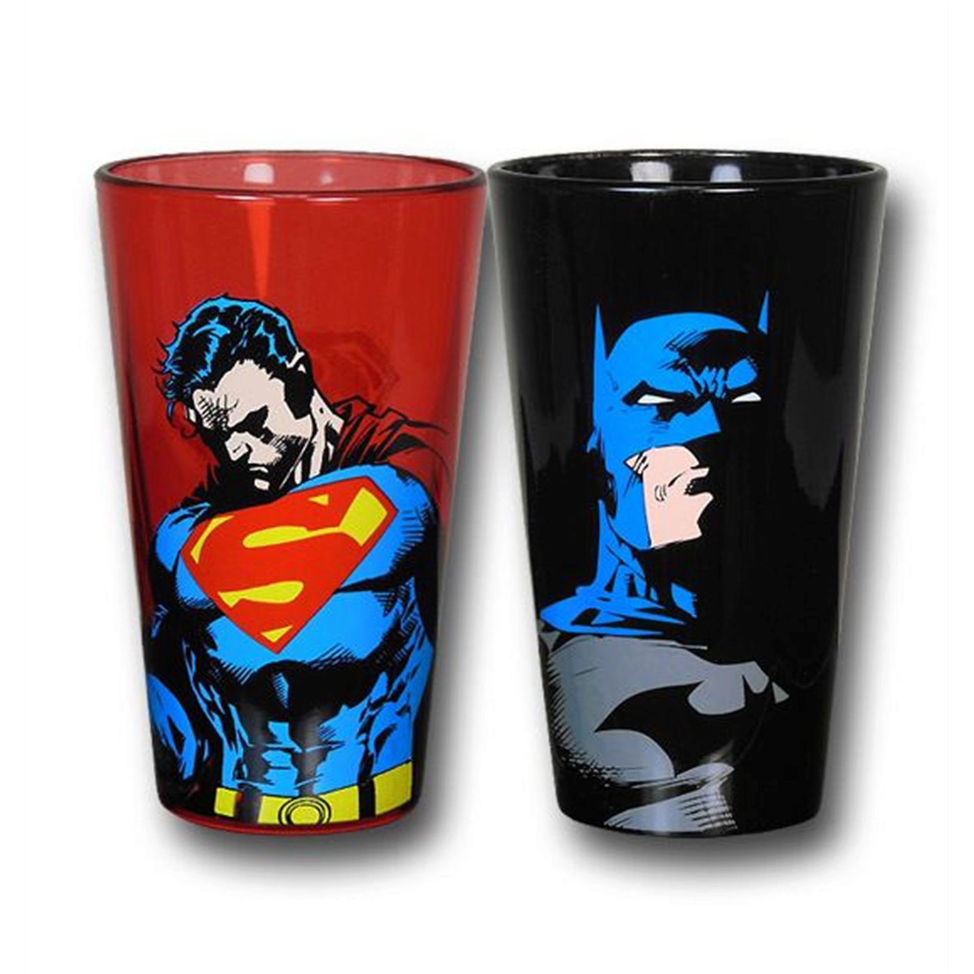 Superman and Batman Red and Black Pint Glass Set