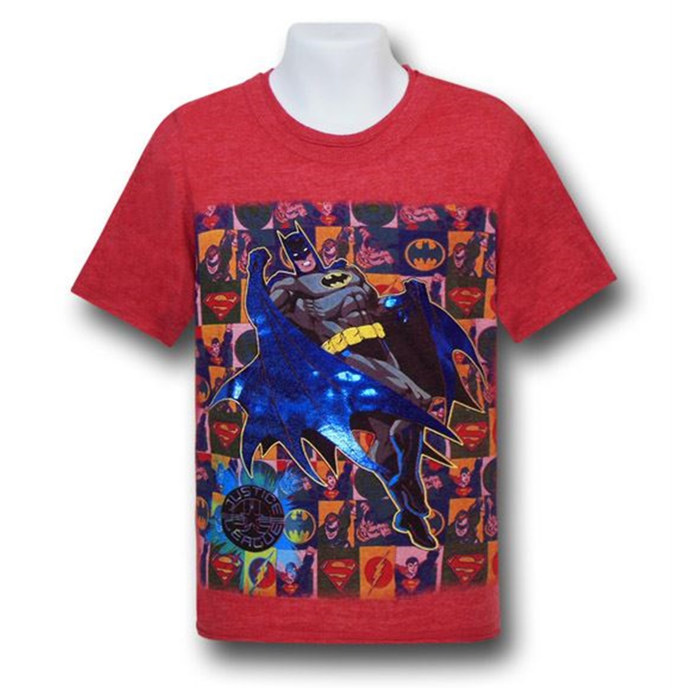 Batman Over JLA Squares Foil Kids Red T-Shirt