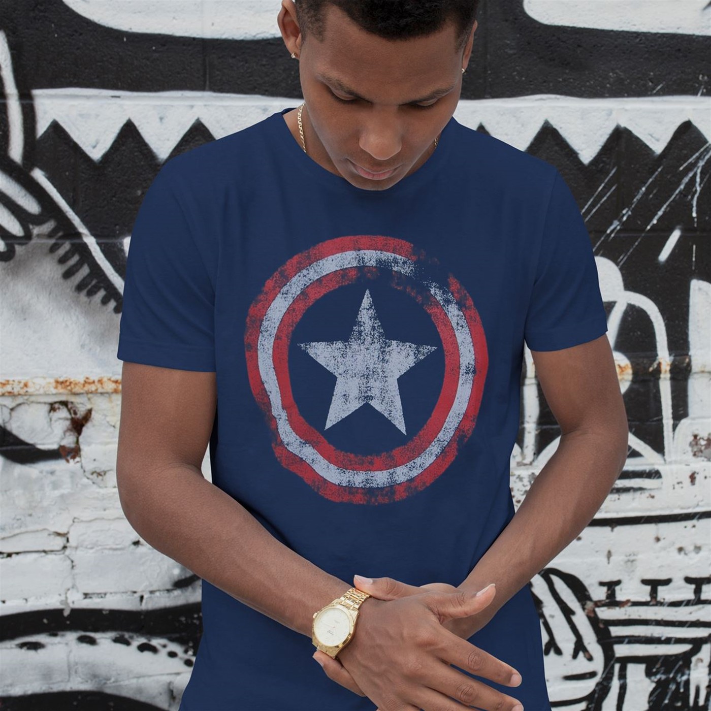 Captain America Distressed Shield Navy T-Shirt