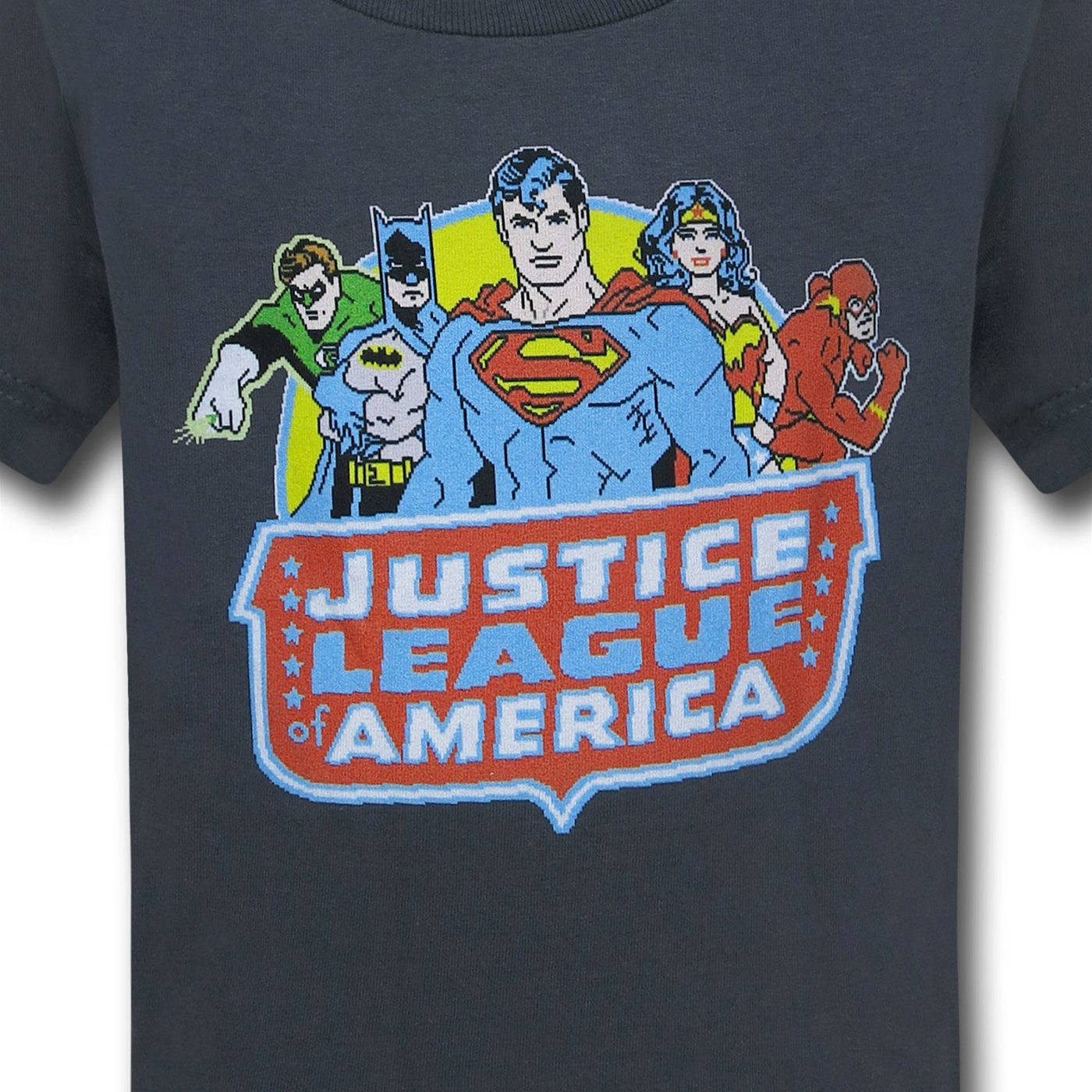 Justice League 8-Bit Group and Logo Black Kids T-Shirt