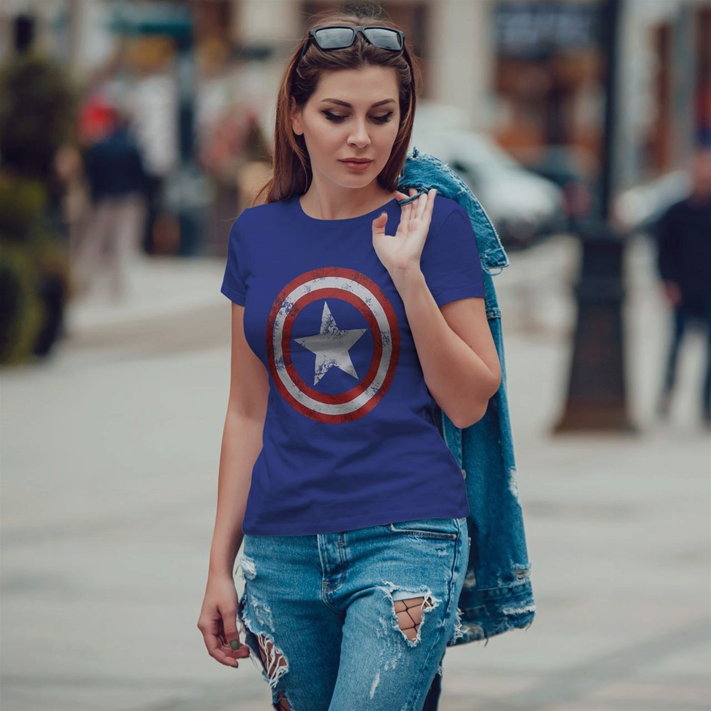 Captain America Women's Distressed Shield Royal T-Shirt