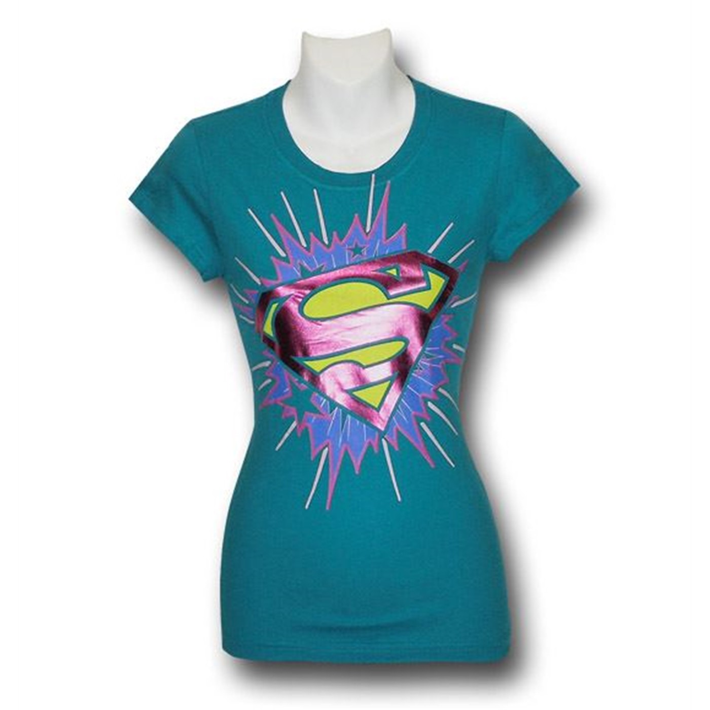 Supergirl Jr Womens Turquoise Foil T-Shirt