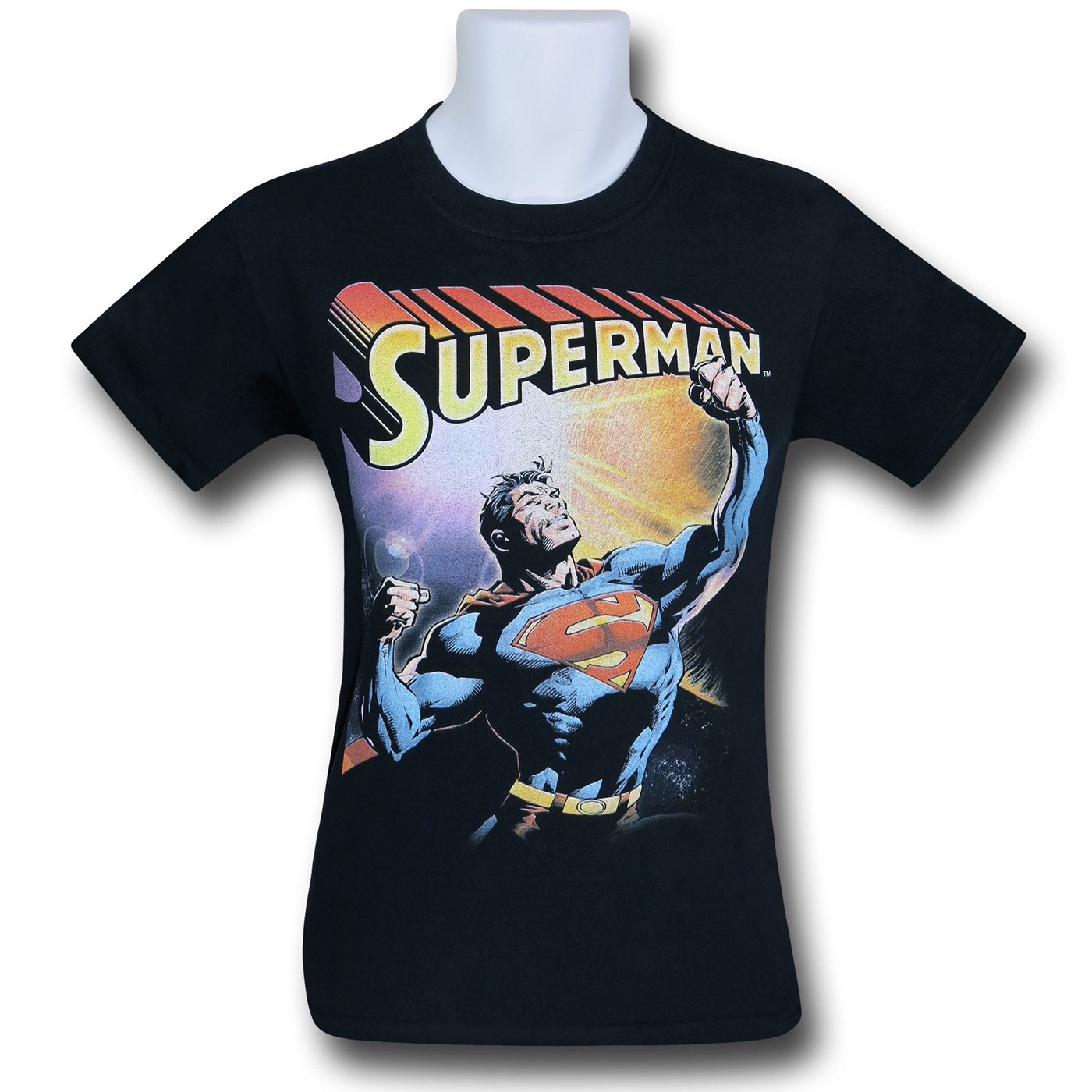 Superman Pose Under Logo on Black T-Shirt