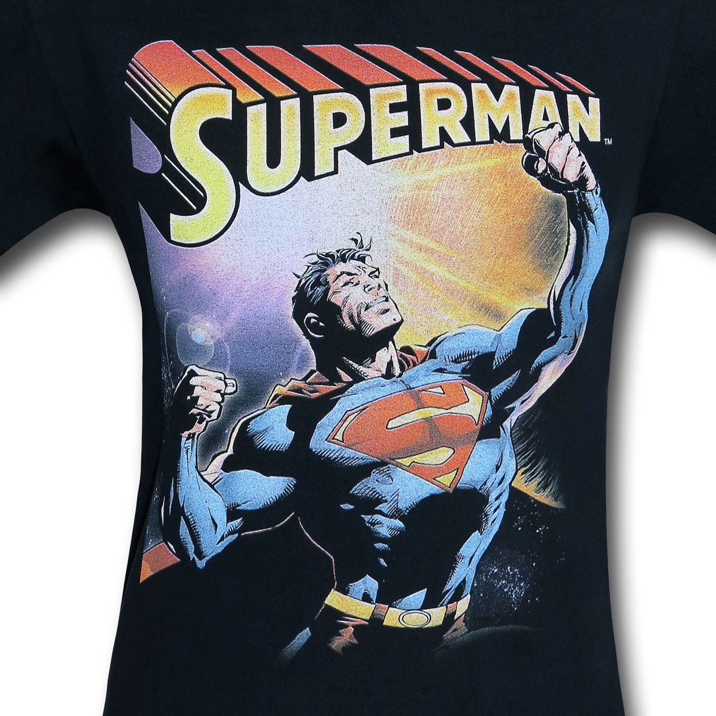 Superman Pose Under Logo on Black T-Shirt