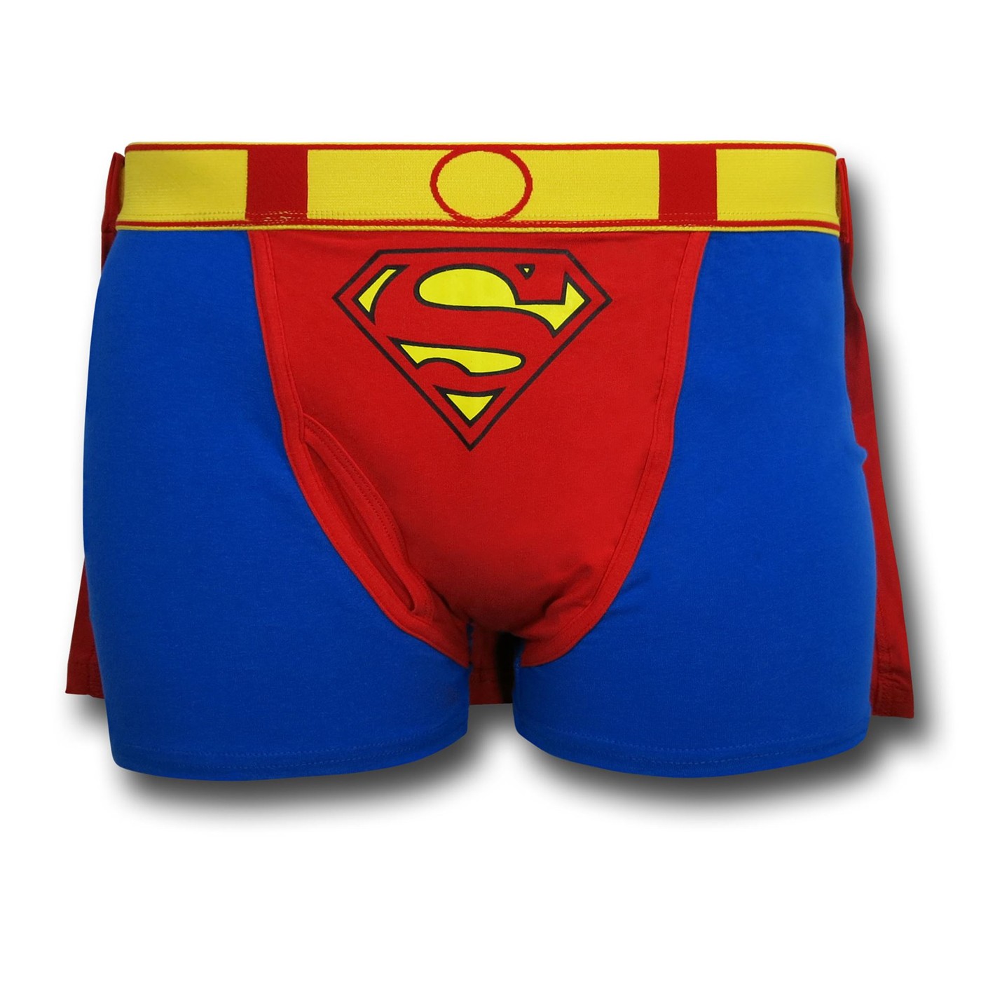 NWT BRIEFLY STATED MAN OF STEEL BLUE YELLOW RED BLACK BOXER WITH CAPE SZ MEDIUM 