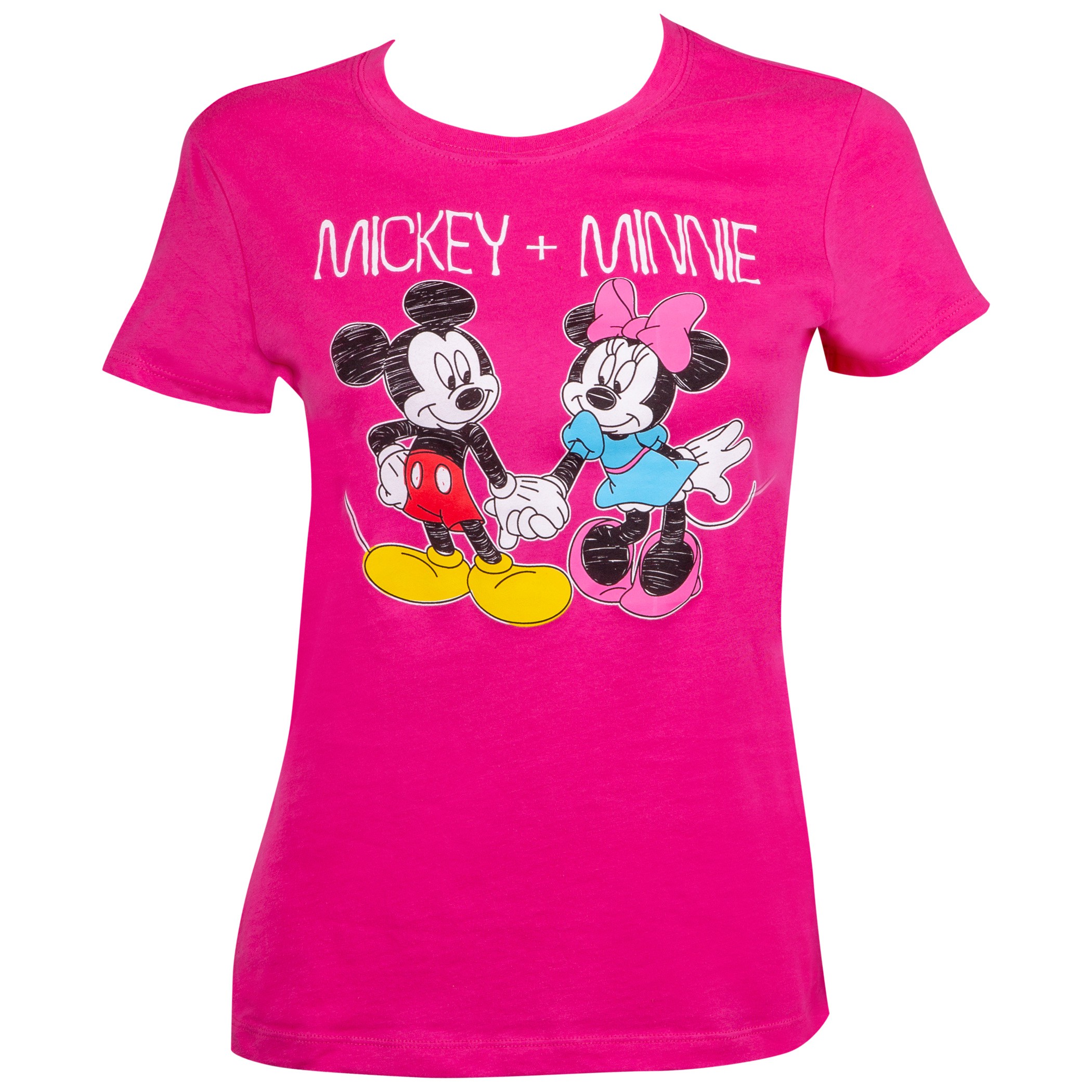 Mickey And Minnie Hand Holding Pink Ladies Tee Shirt