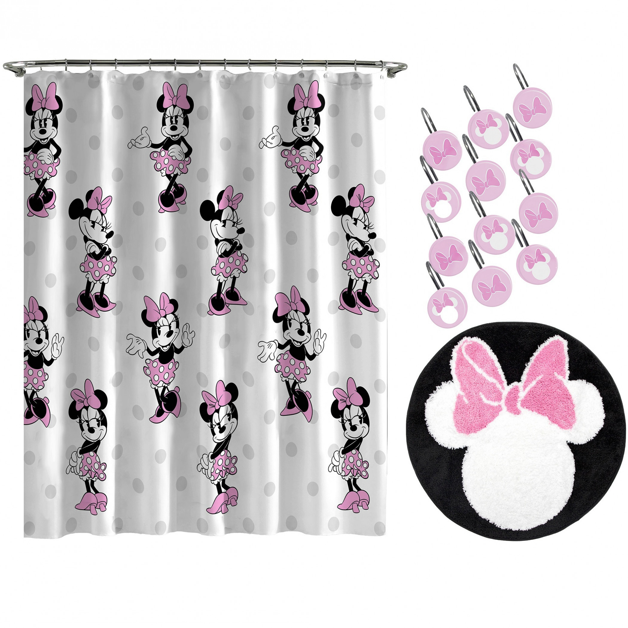 Disney Minnie Mouse All Over Print 14pc Shower Curtain and Rug Set