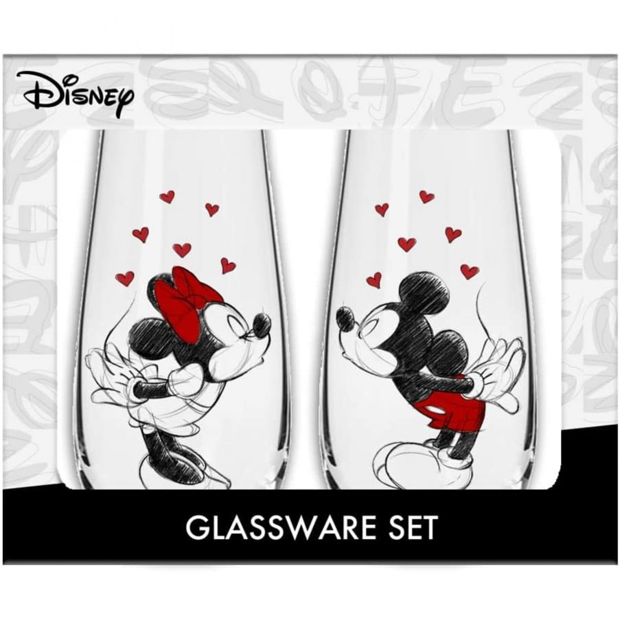 Mickey and Minnie Mouse Kissing Hearts 2pc Stemless Fluted Glass Set