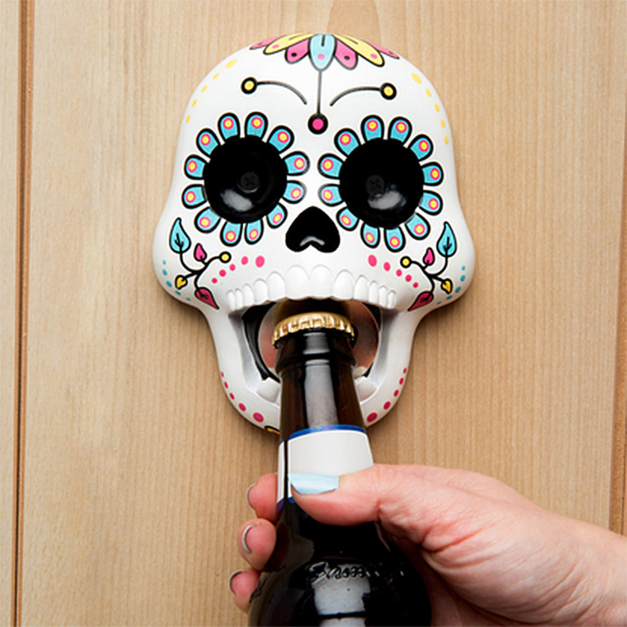 Gem & Painted Skull In Sombrero Flowers Bottle Opener Fridge Magnet 