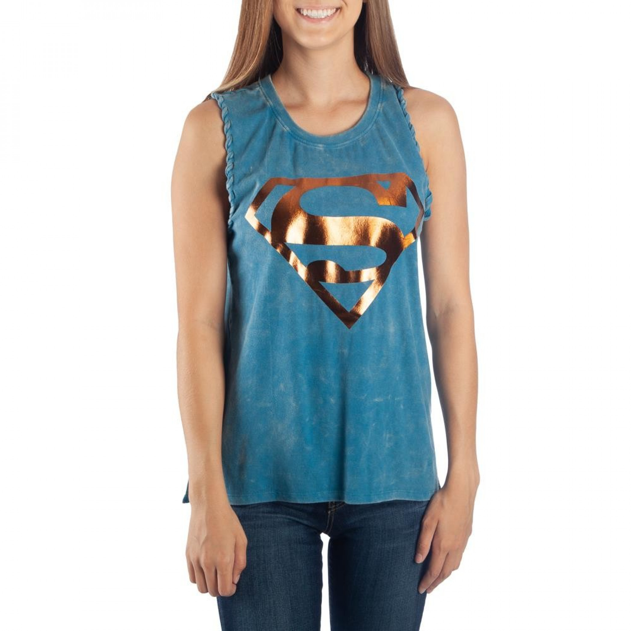 Supergirl Mineral Wash Braided Women's Blue Tank Top