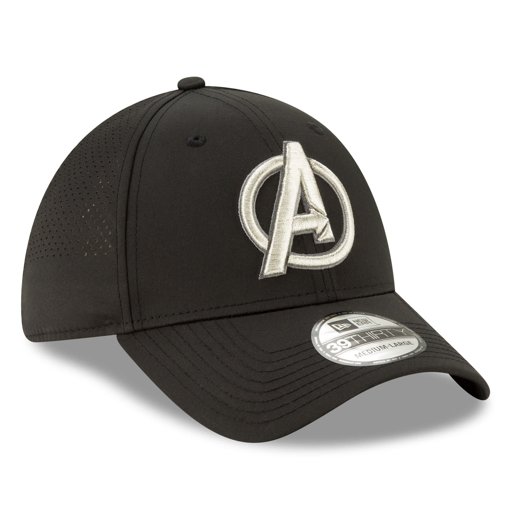 Avengers Silver Symbol Perforated for Play New Era 39Thirty Fitted Hat