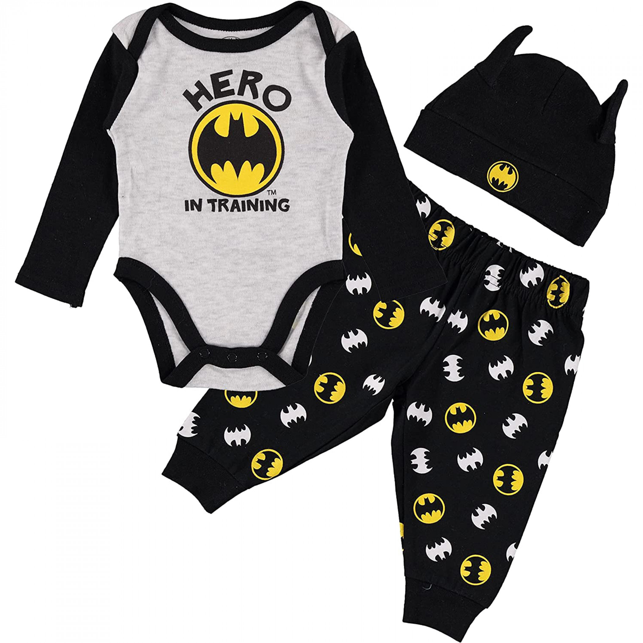 Batman Hero In Training 3-Piece Infant Bodysuit Pant and Hat Set