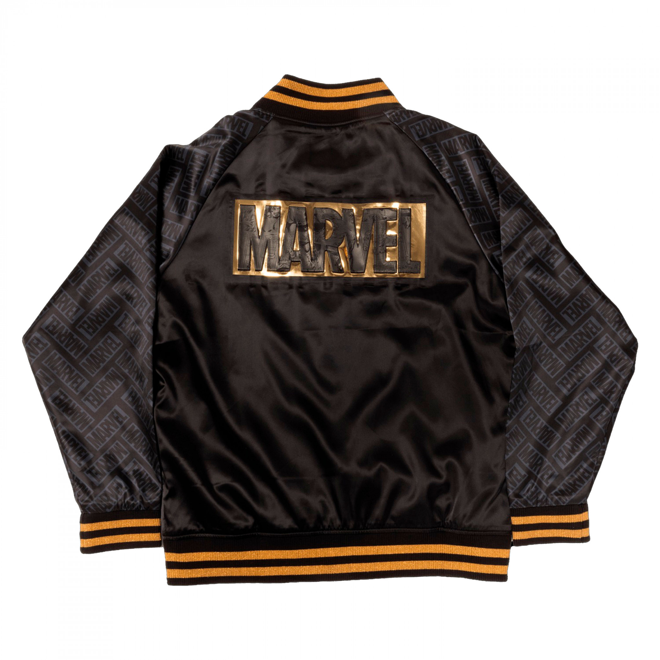 Marvel 85th Anniversary Golden Logo Satin Bomber Jacket By Loungefly