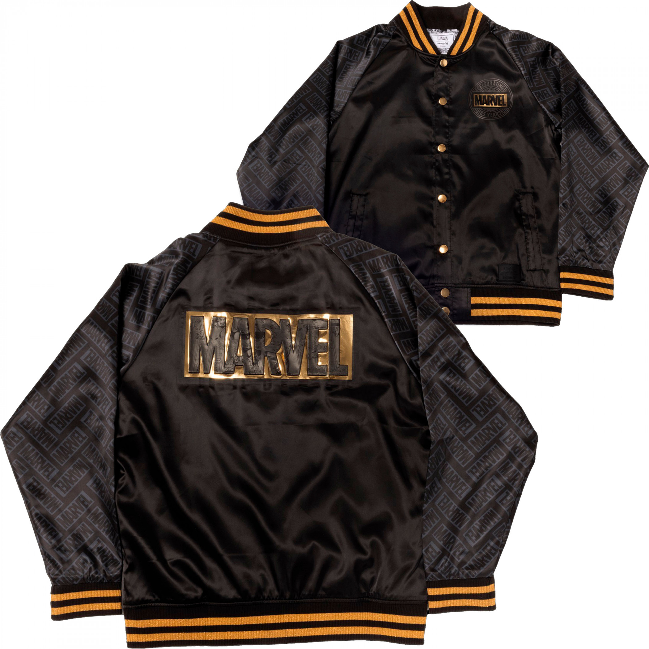 Marvel 85th Anniversary Golden Logo Satin Bomber Jacket By Loungefly