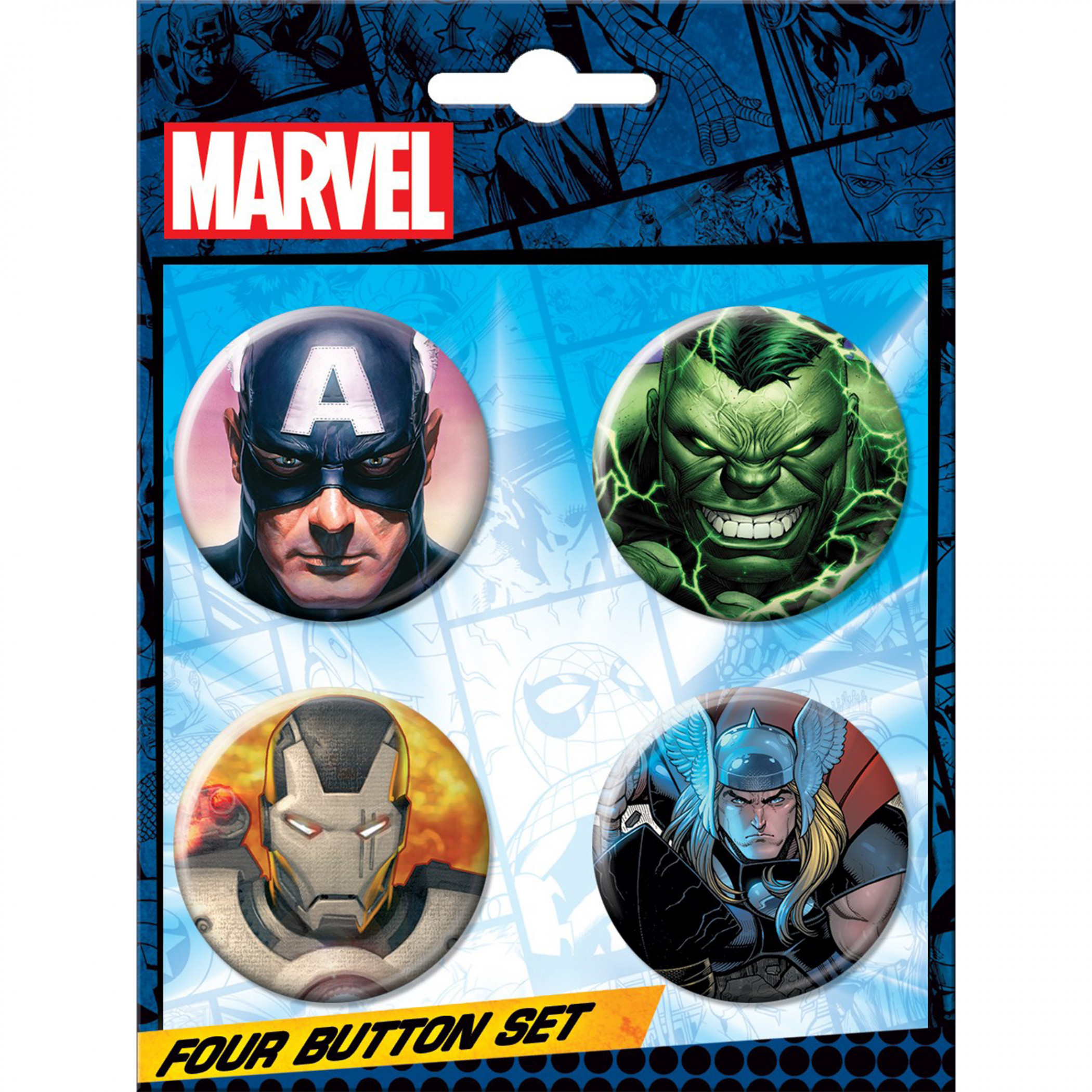 Marvel Comics Avengers Thor, Capt. America, Hulk & Ironman 4 Button Set