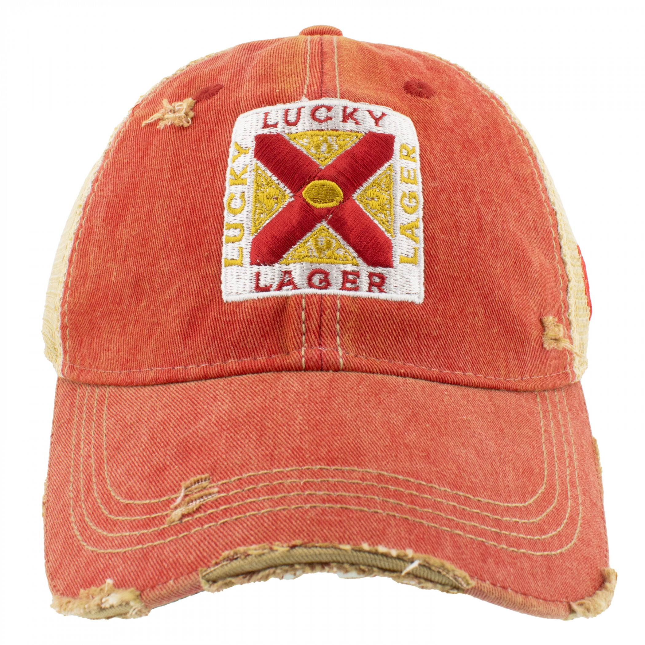 Lucky Lager Vintage Logo Red Colorway Distressed Trucker Hat