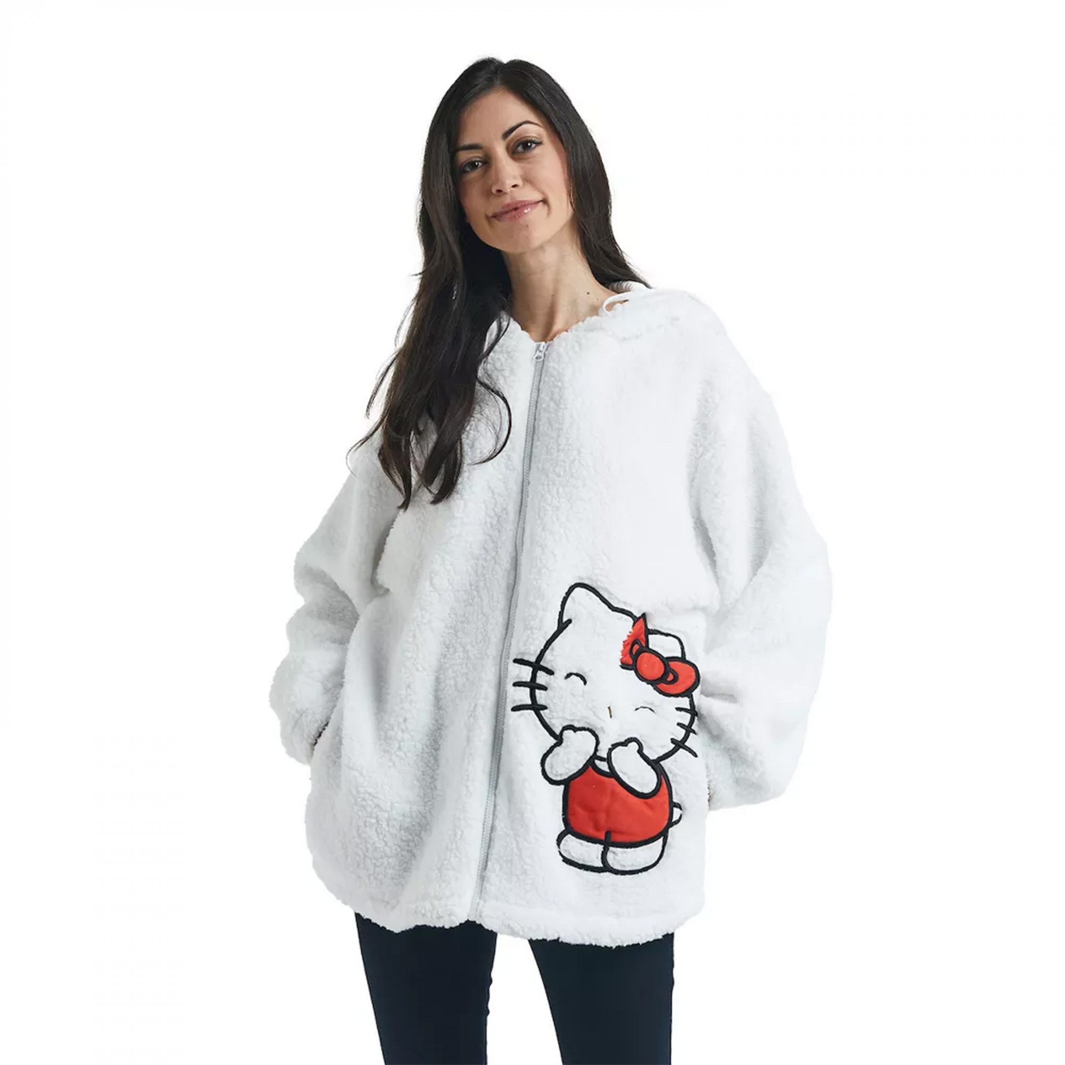 Hello Kitty Sewn On Ears and Bow Zip-Up Fuzzy Hoodie with Applique Art