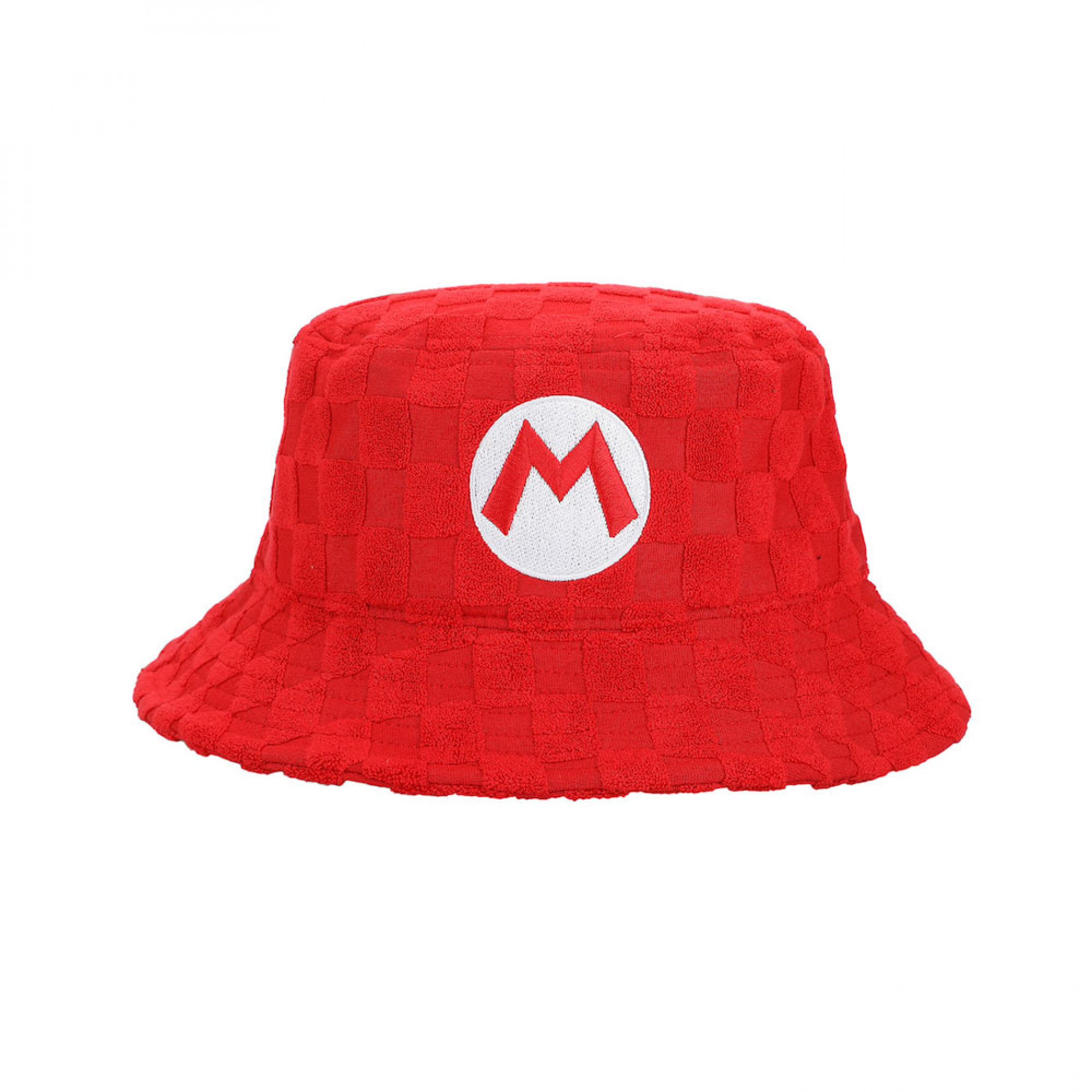 Super Mario Bros. Mario Embroidered Checkered Terry Cloth Bucket Hat