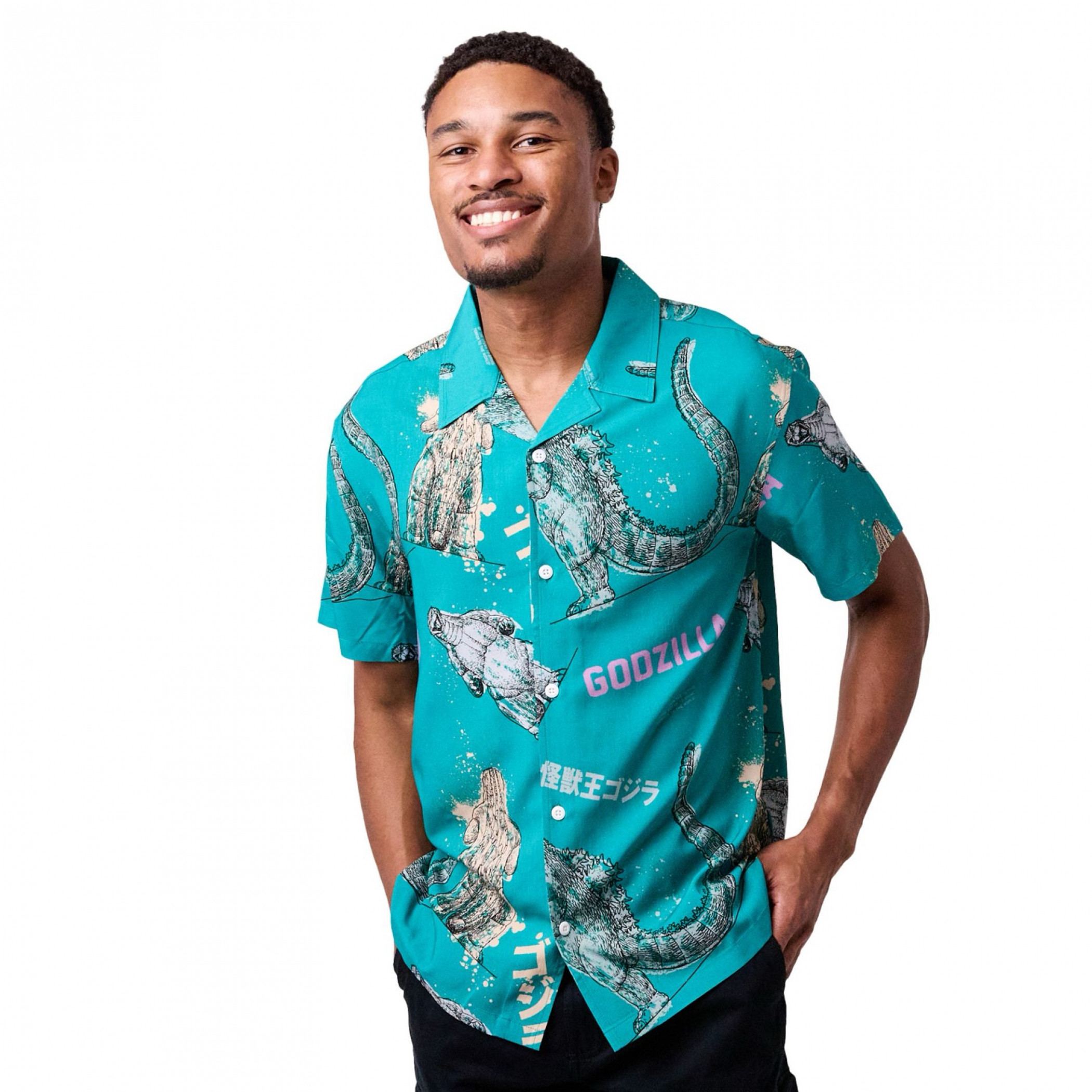 Godzilla Illustrated Print Woven Button Up - SuperHeroStuff