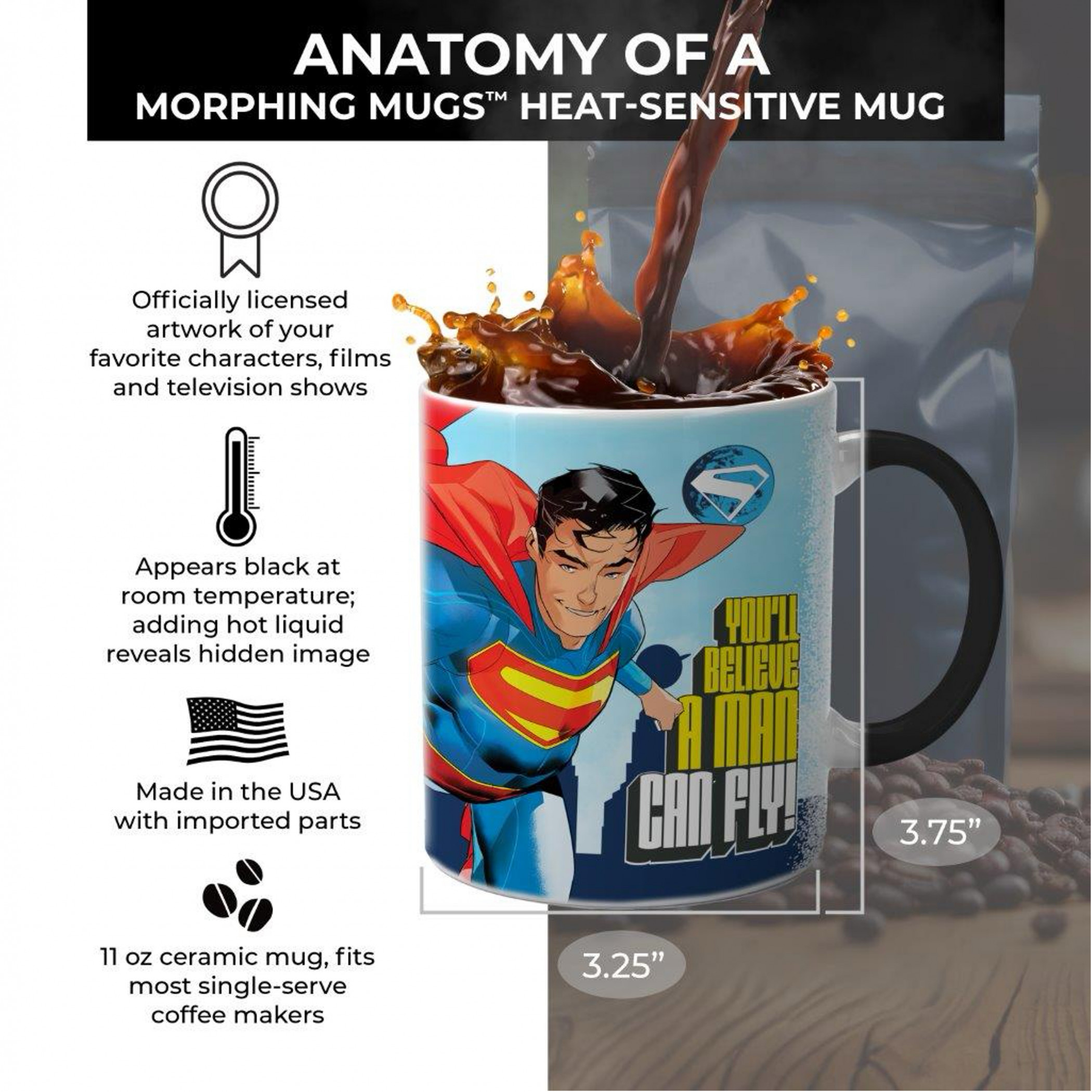 フライングスーパーマン オーバーサイズ コーヒー ダークブルーマグ Superman A Man Can Fly Morphing Mugs Heat Change Mug - SuperHeroStuff