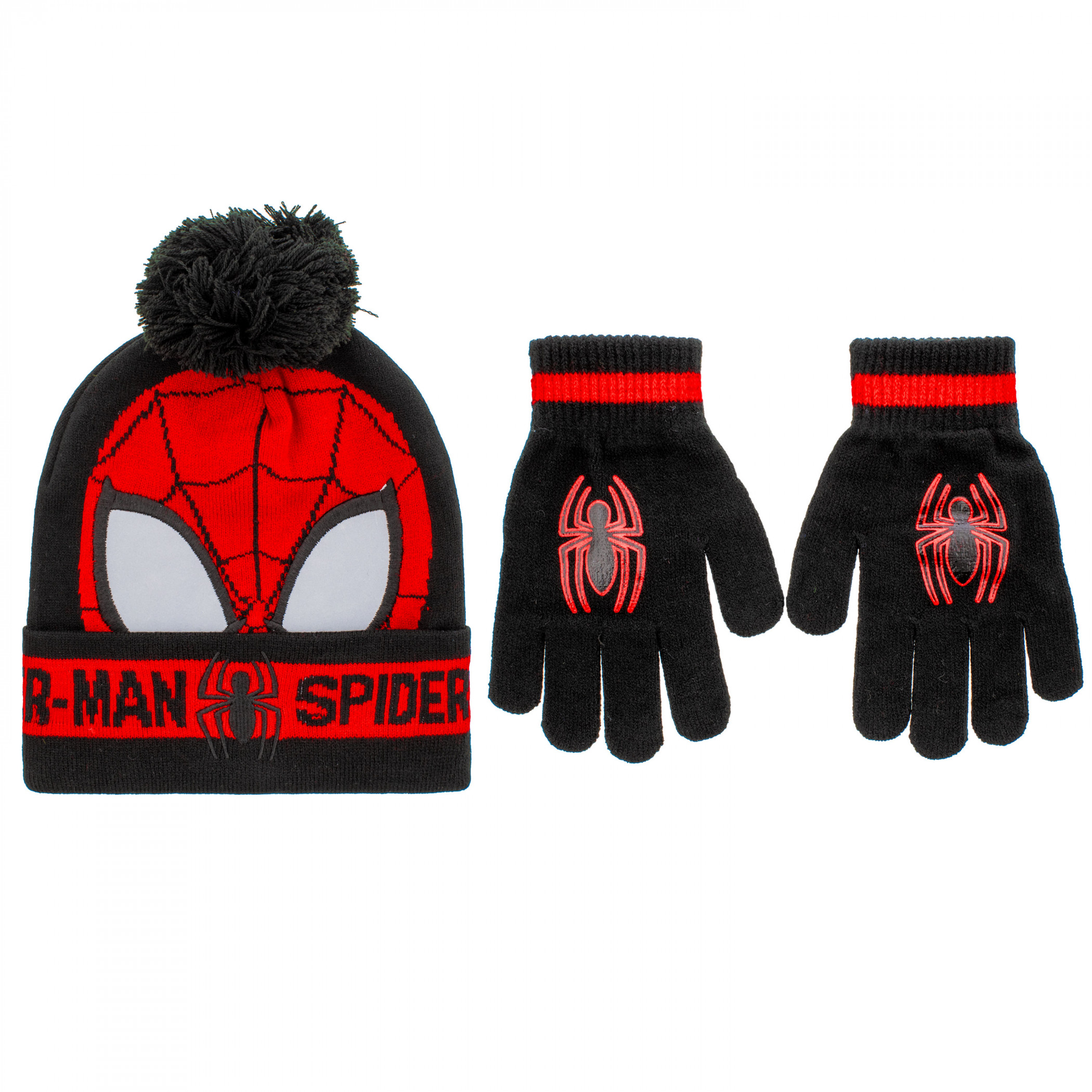 Spider-man Youth Cold Weather Set Gloves and Pom Cuffed Beanie