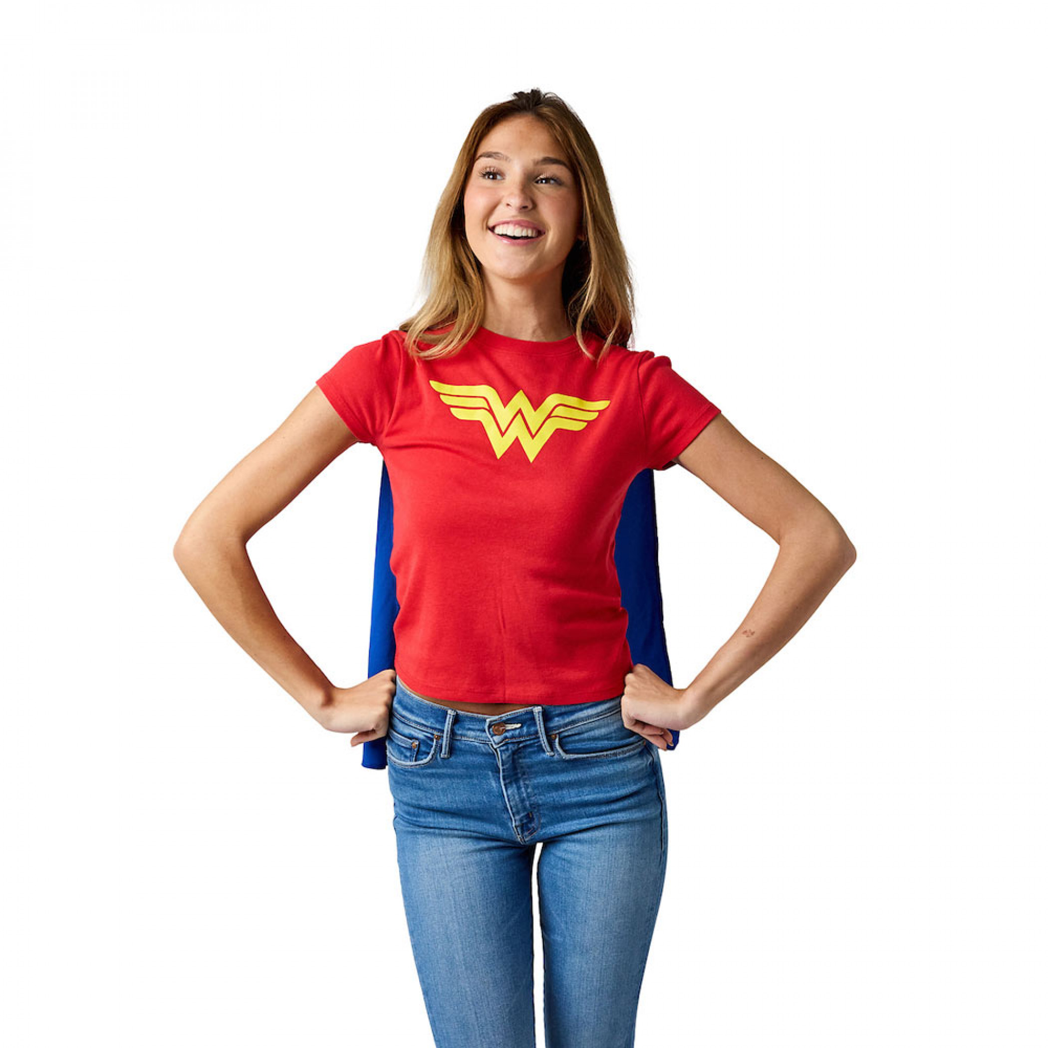 【WONDER WONDER】Rizzan layered cropped T-shirt Wonder Woman Junior's Caped T-Shirt - SuperHeroStuff