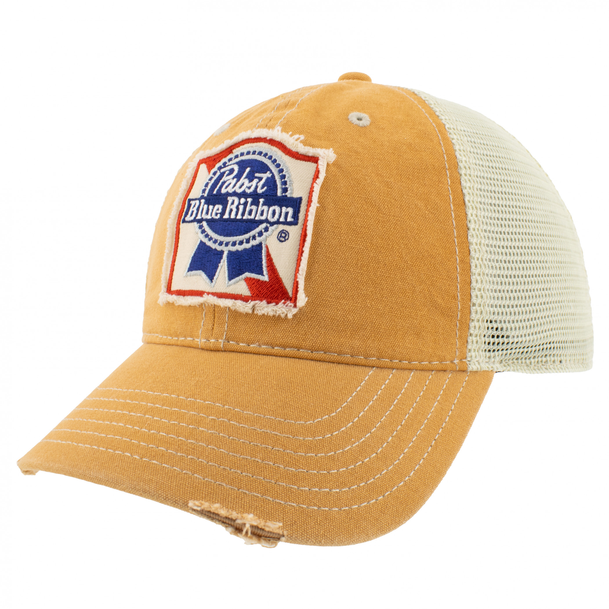 Pabst Blue Ribbon Patch Distressed Mesh Back Hat - WearYourBeer