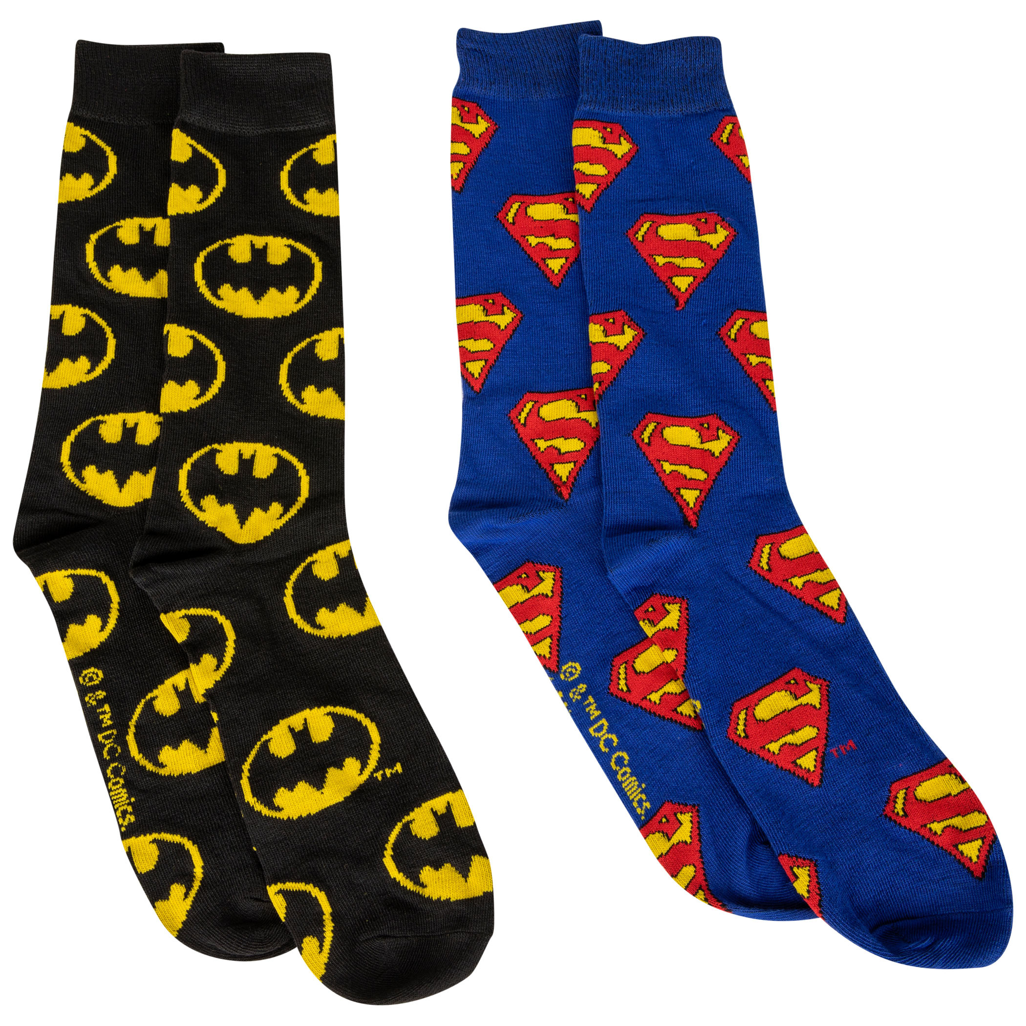 DC Comics Batman and Superman Symbols All Over 2-Pair Pack of Crew Socks