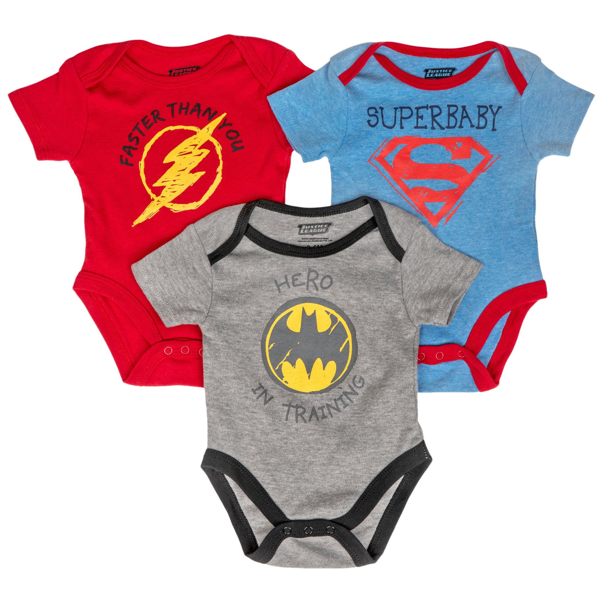 Justice League Symbol and Text 3-Pack Infant Bodysuit Set