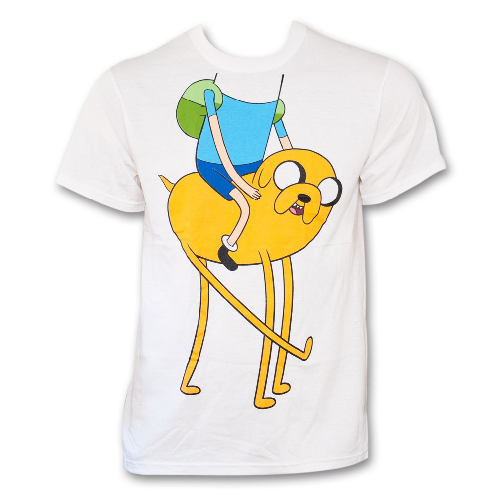 This officially licensed tee features an image of a headless Finn riding Ja...