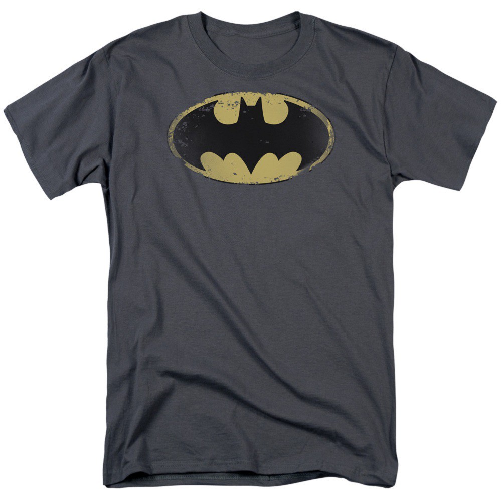 Batman Distressed Sheild Logo Men's Grey Tshirt