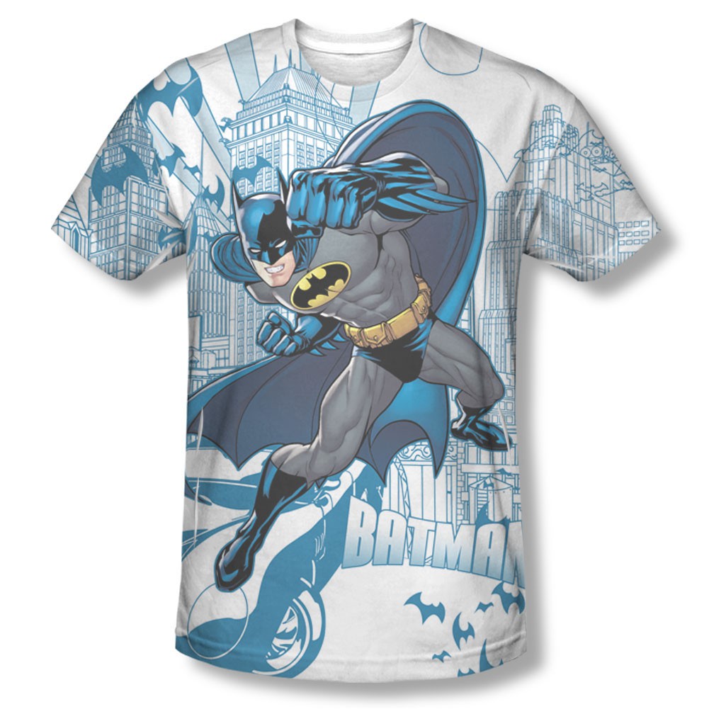 Batman Skyline Sublimation White Tee Shirt