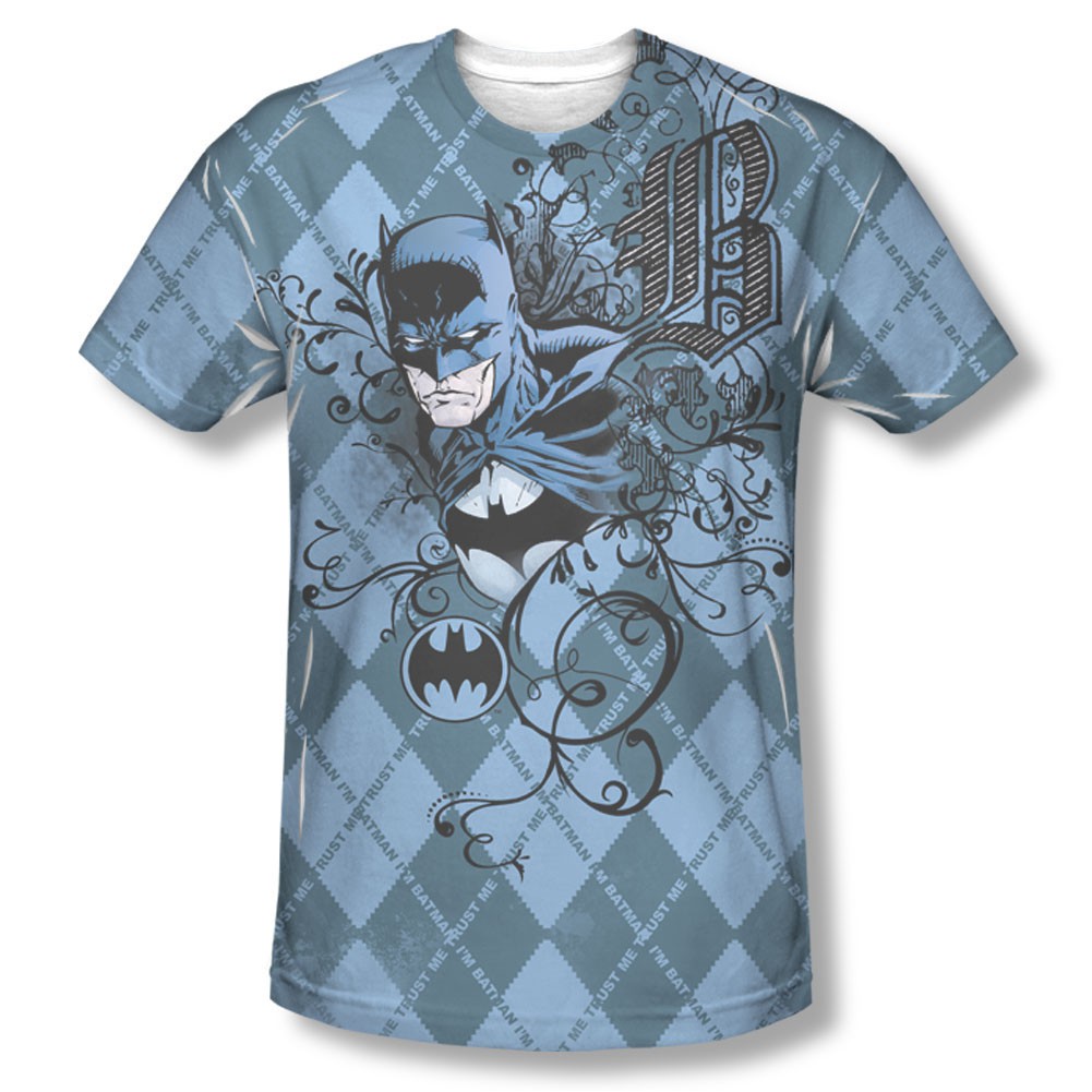 Batman Men's Blue Argyle Pattern Sublimation T-Shirt