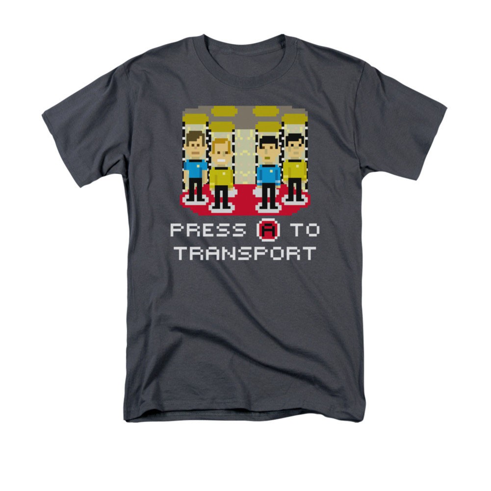 Star Trek TOS Press A To Transport Pixel 8-Bit Gray T-Shirt