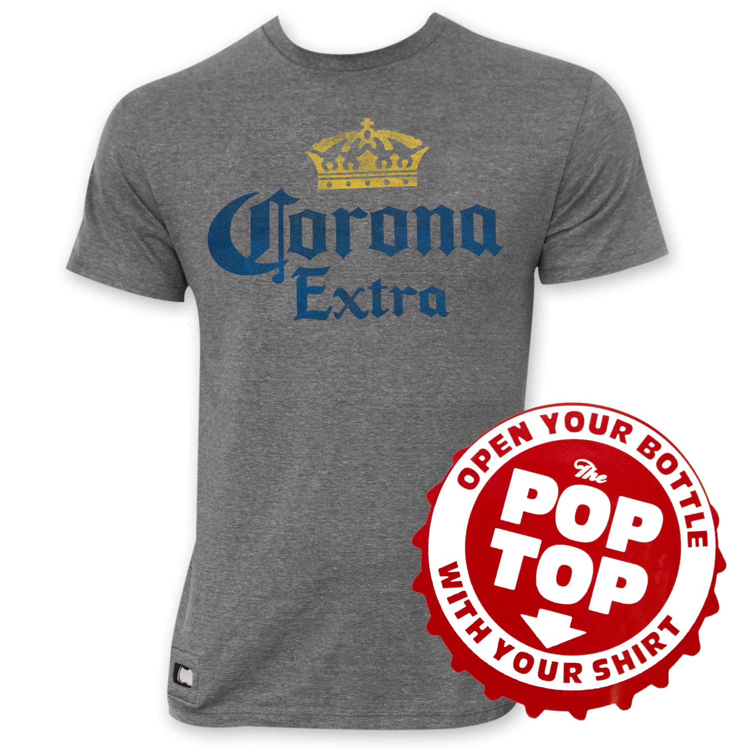 Corona Extra Faded Grey Crown Logo Pop Top Bottle Opener Tee Shirt