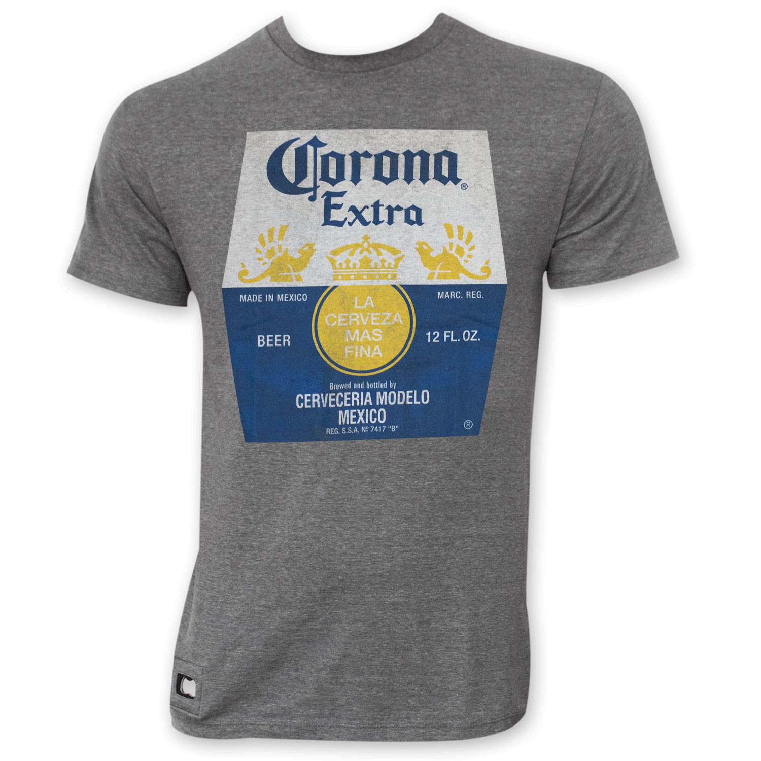 Corona Extra Men's Grey Bottle Label Pop Top Bottle Opener Tee Shirt