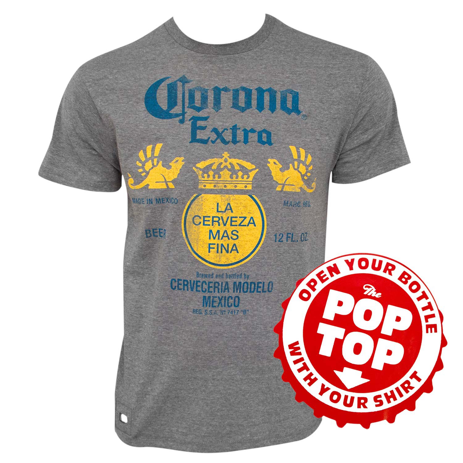 Corona Extra Men's Grey Bottle Label Pop Top Bottle Opener T-Shirt