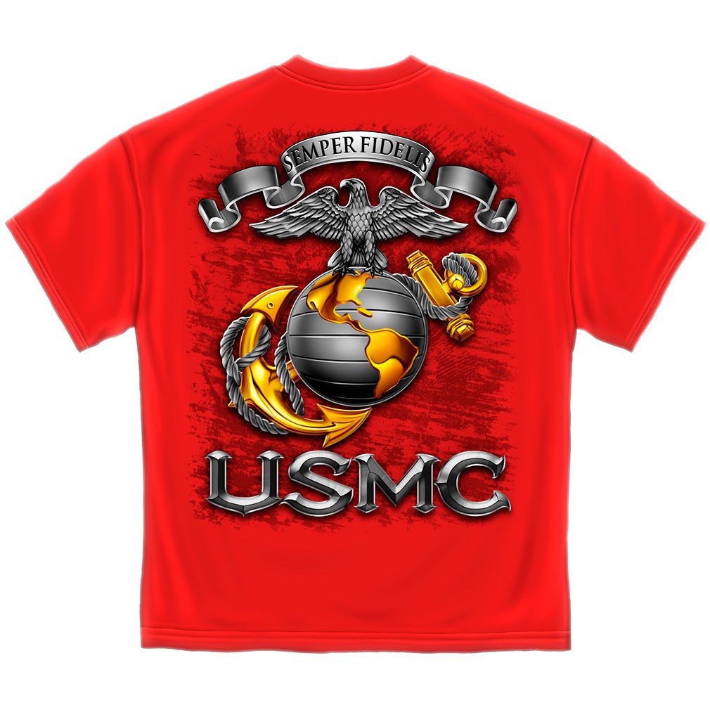 thumbnail image 2 of USMC Marine Corps Red T-Shirt – Double Flags Print Globe & American Flag (Men's) 2 of 4