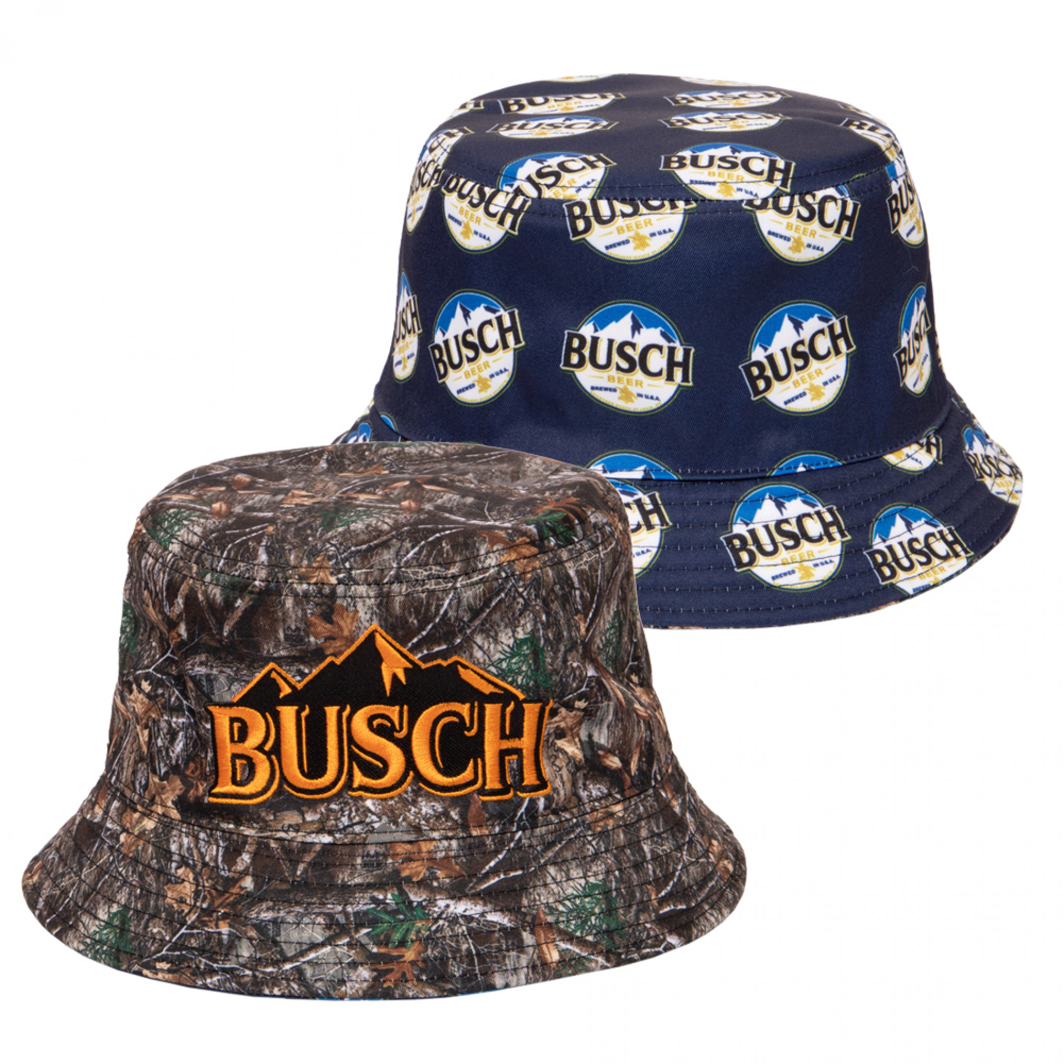 Busch Beer Label All Over Reversible Camo Text Bucket Hat