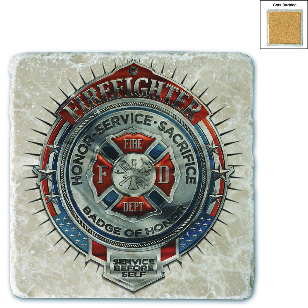 Fire Honor Service Sacrifice Chrome Badge Stone Coaster