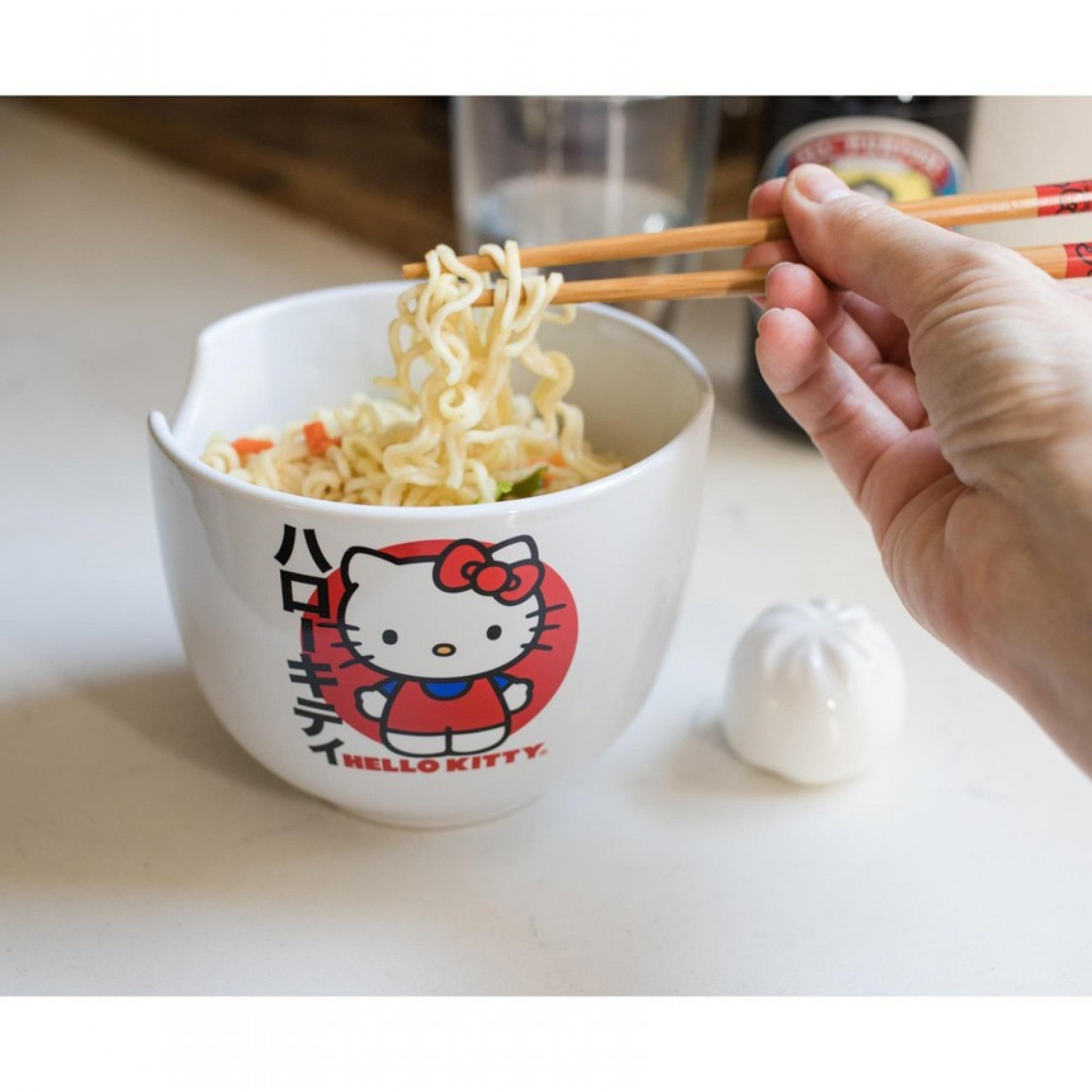 Hello Kitty Japanese Logo Ramen Bowl with Chopsticks