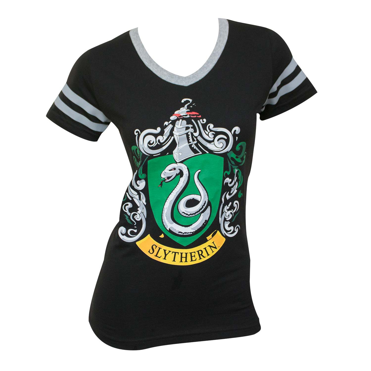 Harry Potter Women's Juniors Black Slytherin V-Neck T-Shirt