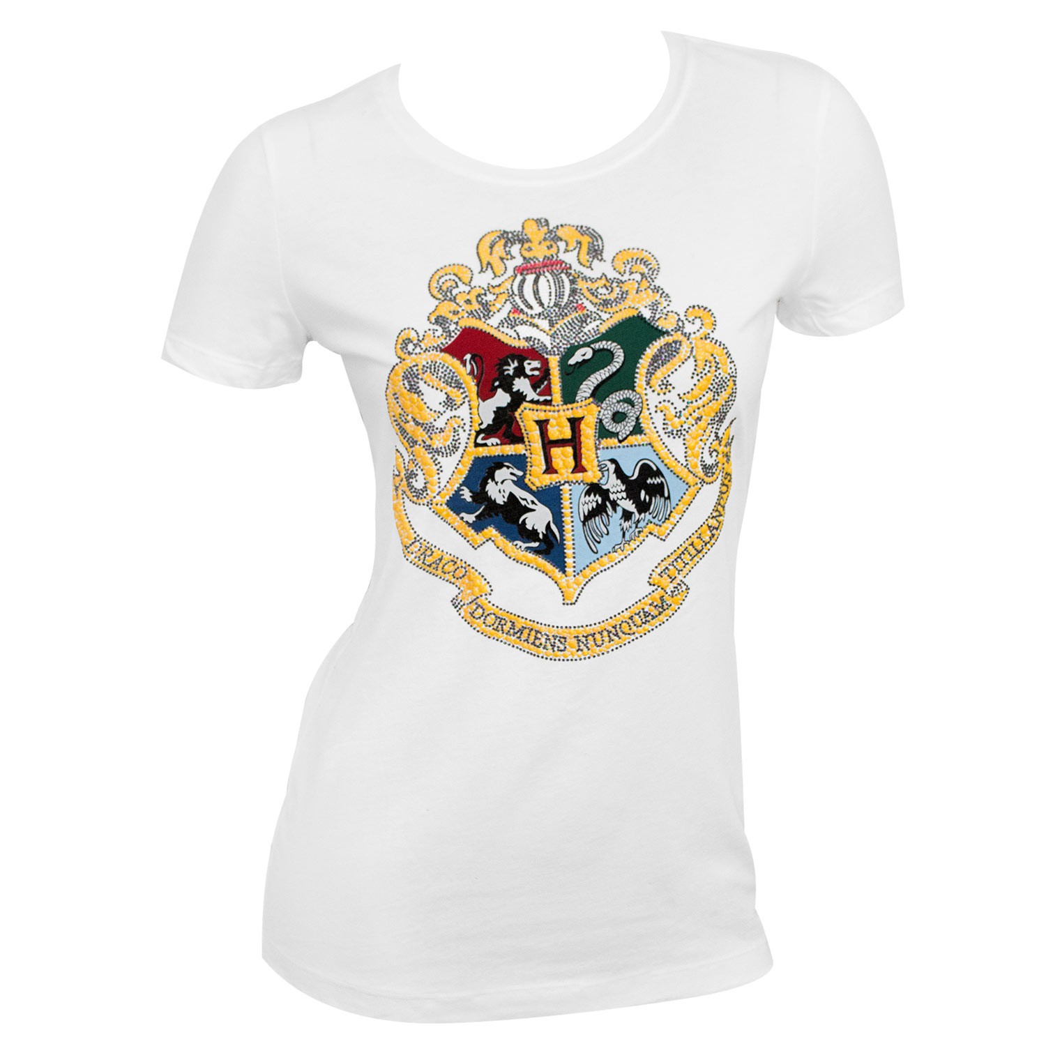 Harry Potter Hogwarts Glitter Crest Ladies White Tee Shirt