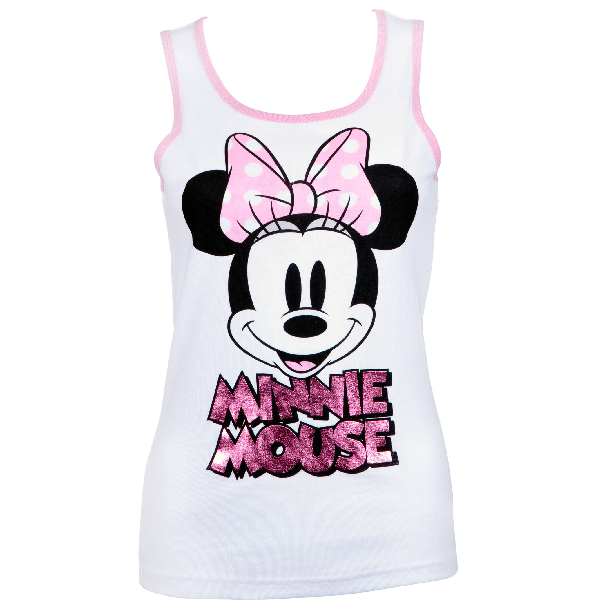 Minnie Mouse Ladies Pink Foil Logo White Tank Top