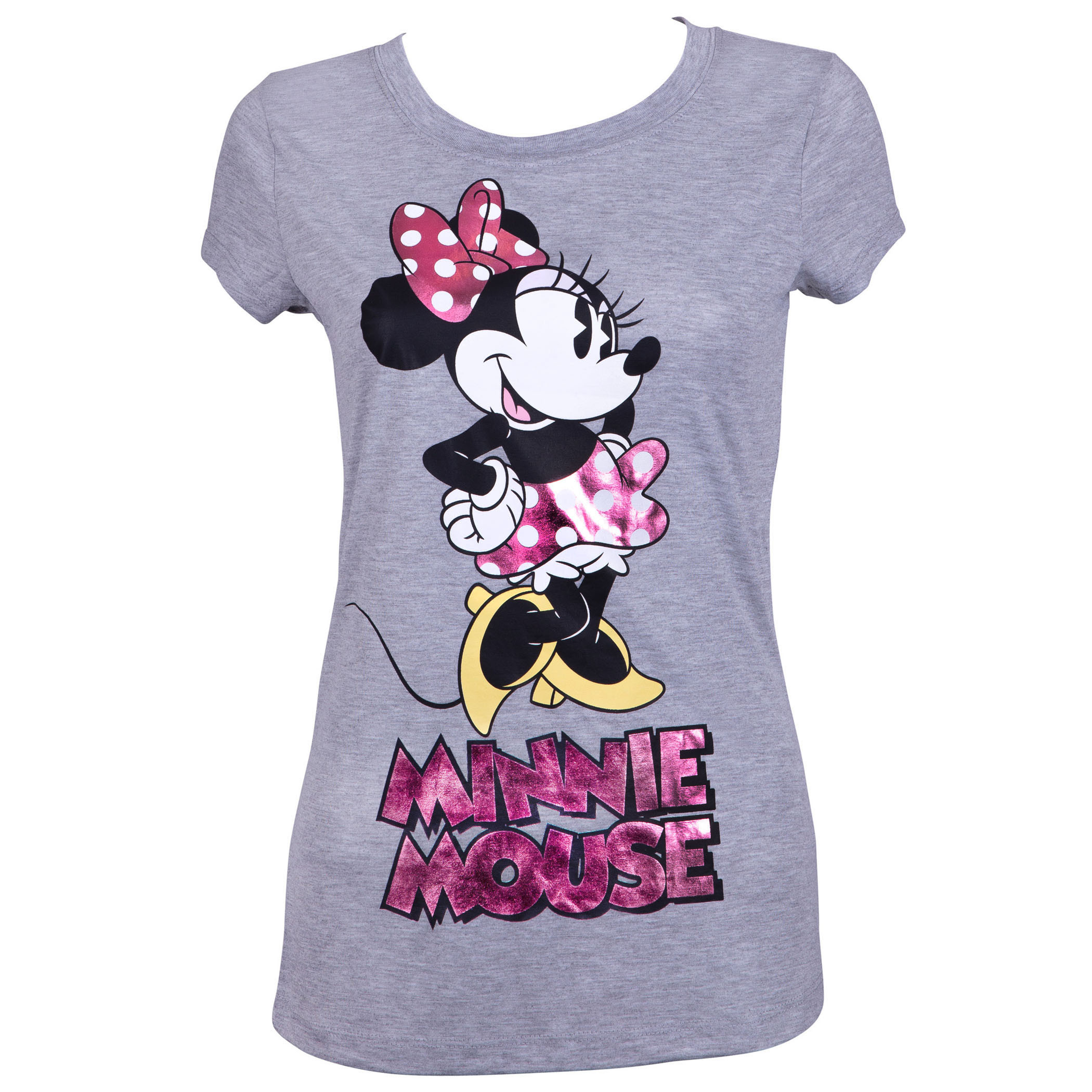 Minnie Mouse Ladies Pink Foil Logo Grey Tee Shirt
