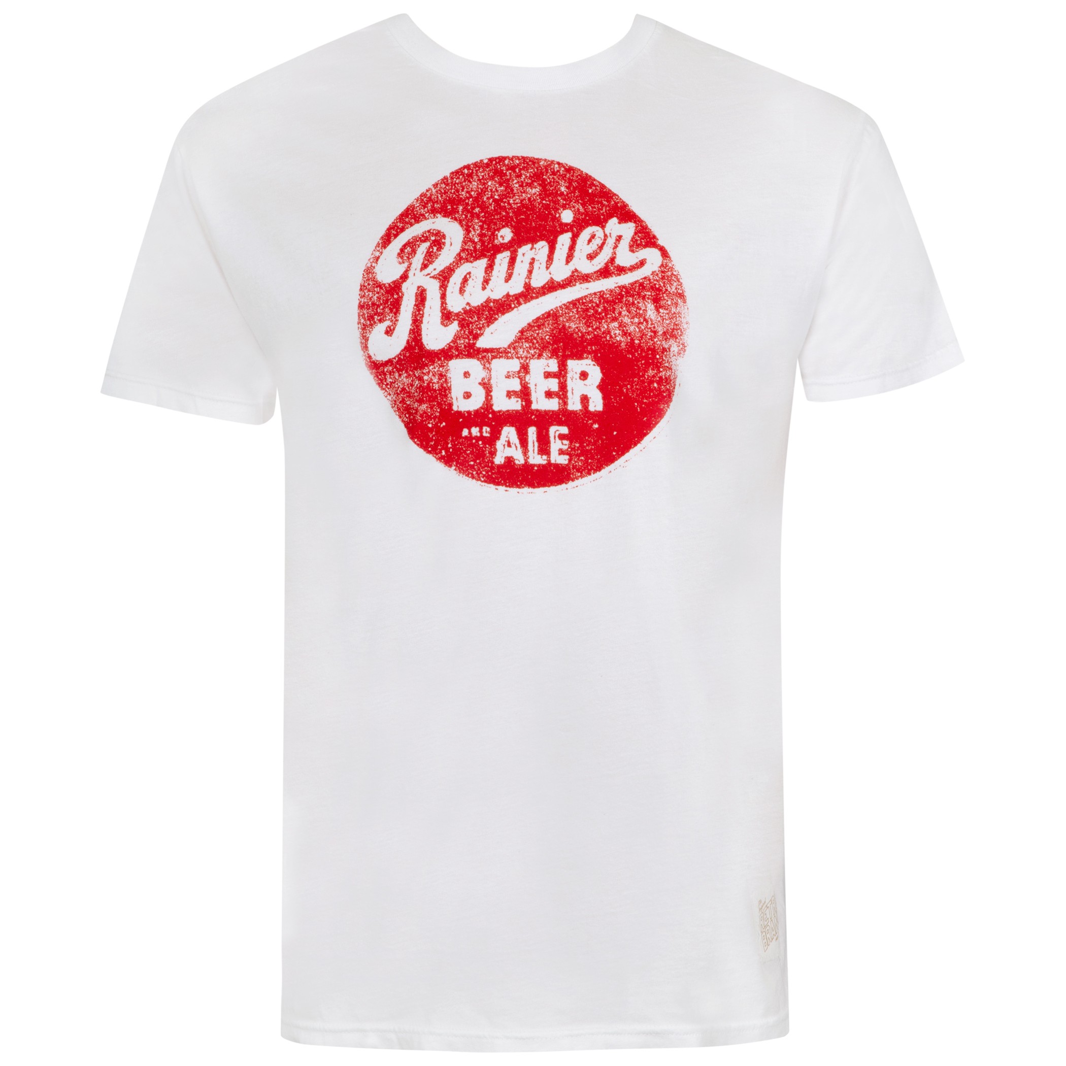 Rainer Distressed Bottle Cap Logo White Tee Shirt